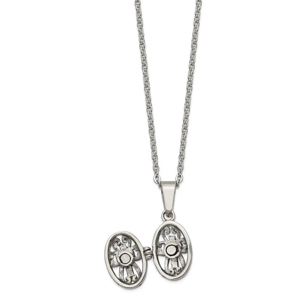 Chisel Stainless Steel Polished and Antiqued Oval Magnetic Prayer Box on a 18 inch Cable Chain Necklace