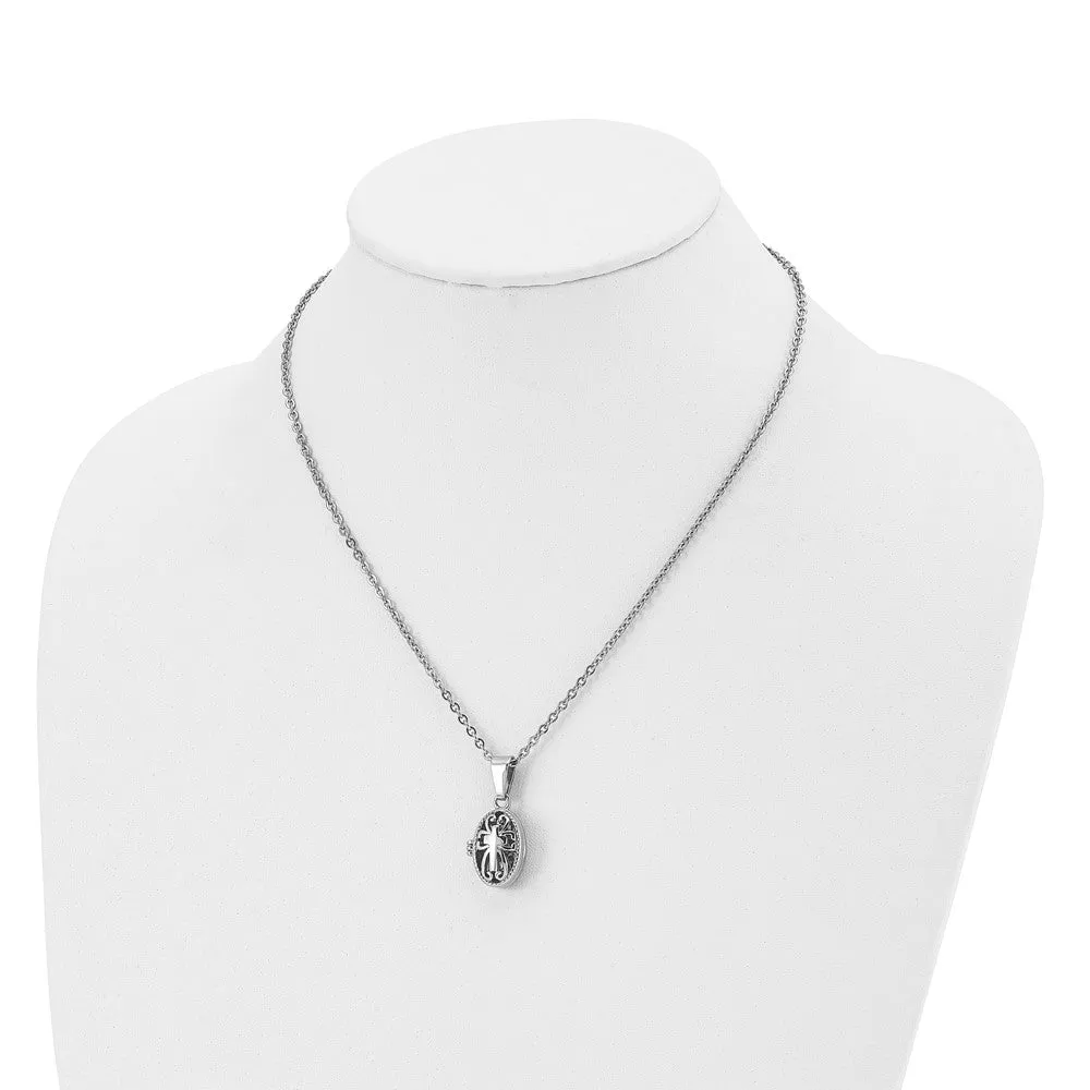 Chisel Stainless Steel Polished and Antiqued Oval Magnetic Prayer Box on a 18 inch Cable Chain Necklace