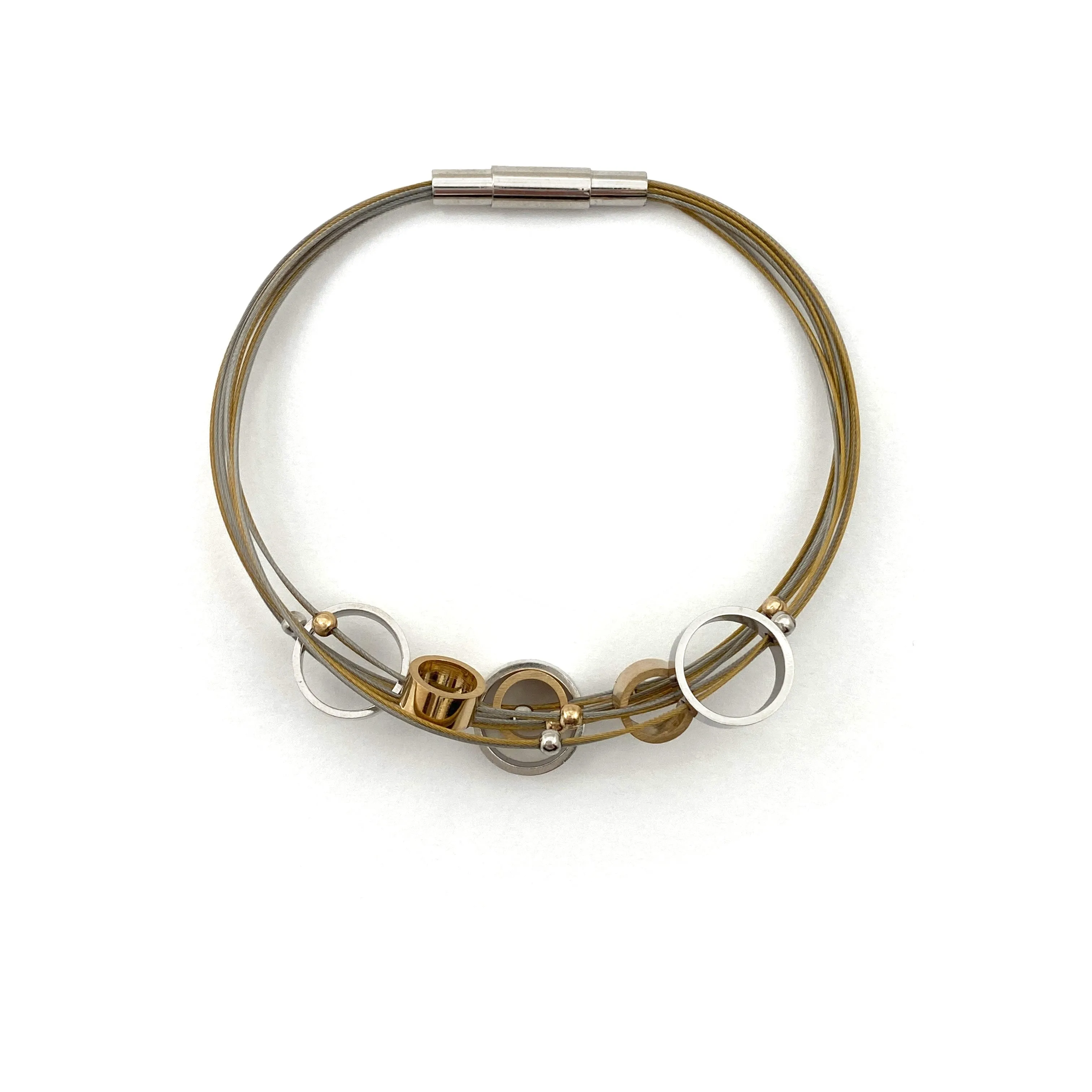Circular Gold and Silver Steel Cable Bracelet
