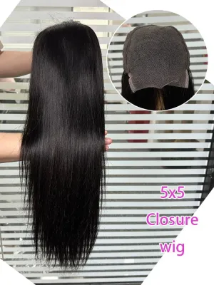Closure Wig 5x5 HD Peruvian Virgin Hair Straight Transparent Lace Wig for Women wholesale