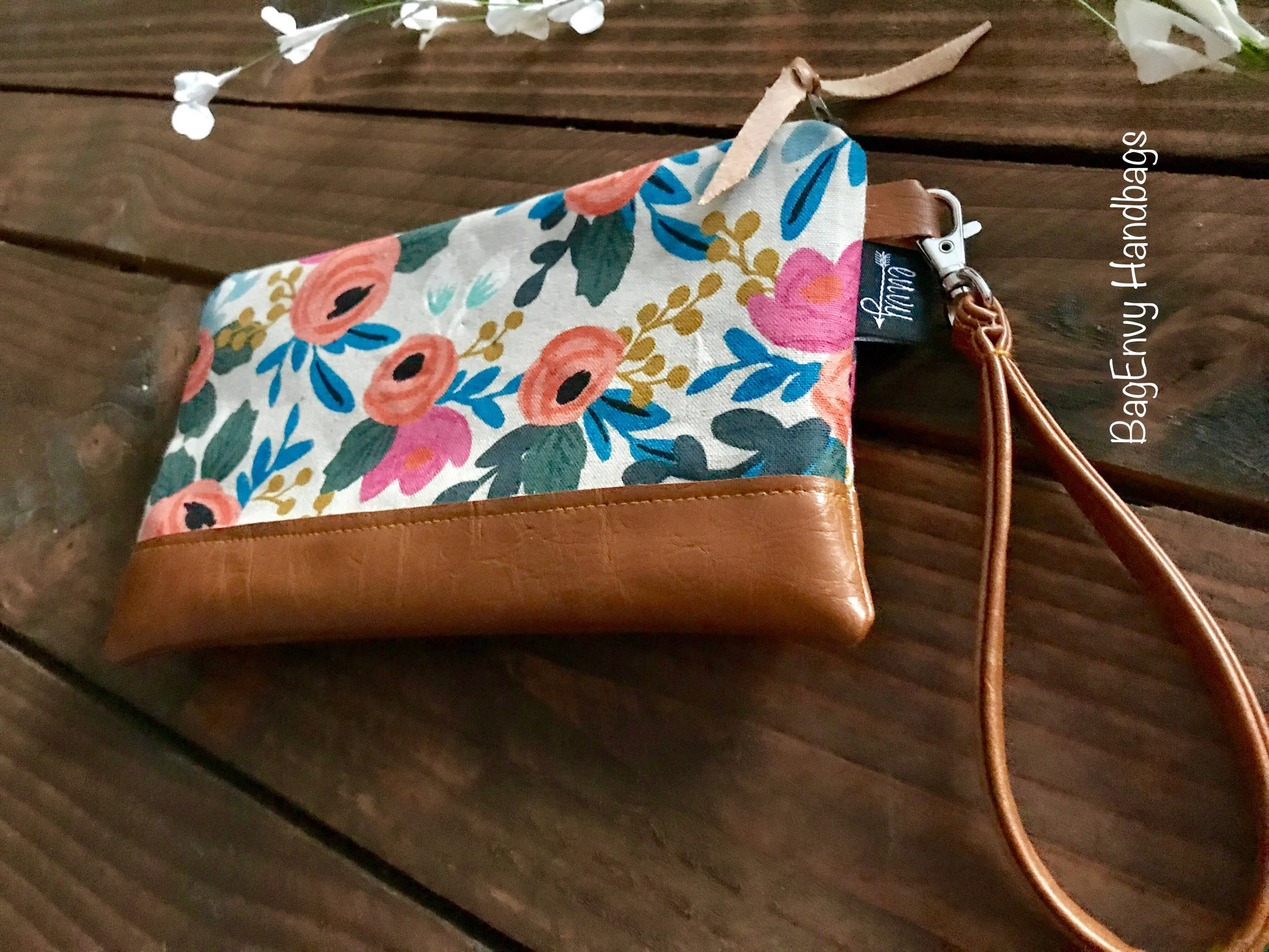 Coral Floral in Linen with Vegan Leather - Zippered Wristlet Clutch /  Bridesmaid Gift- Accessory Make Up Bag -