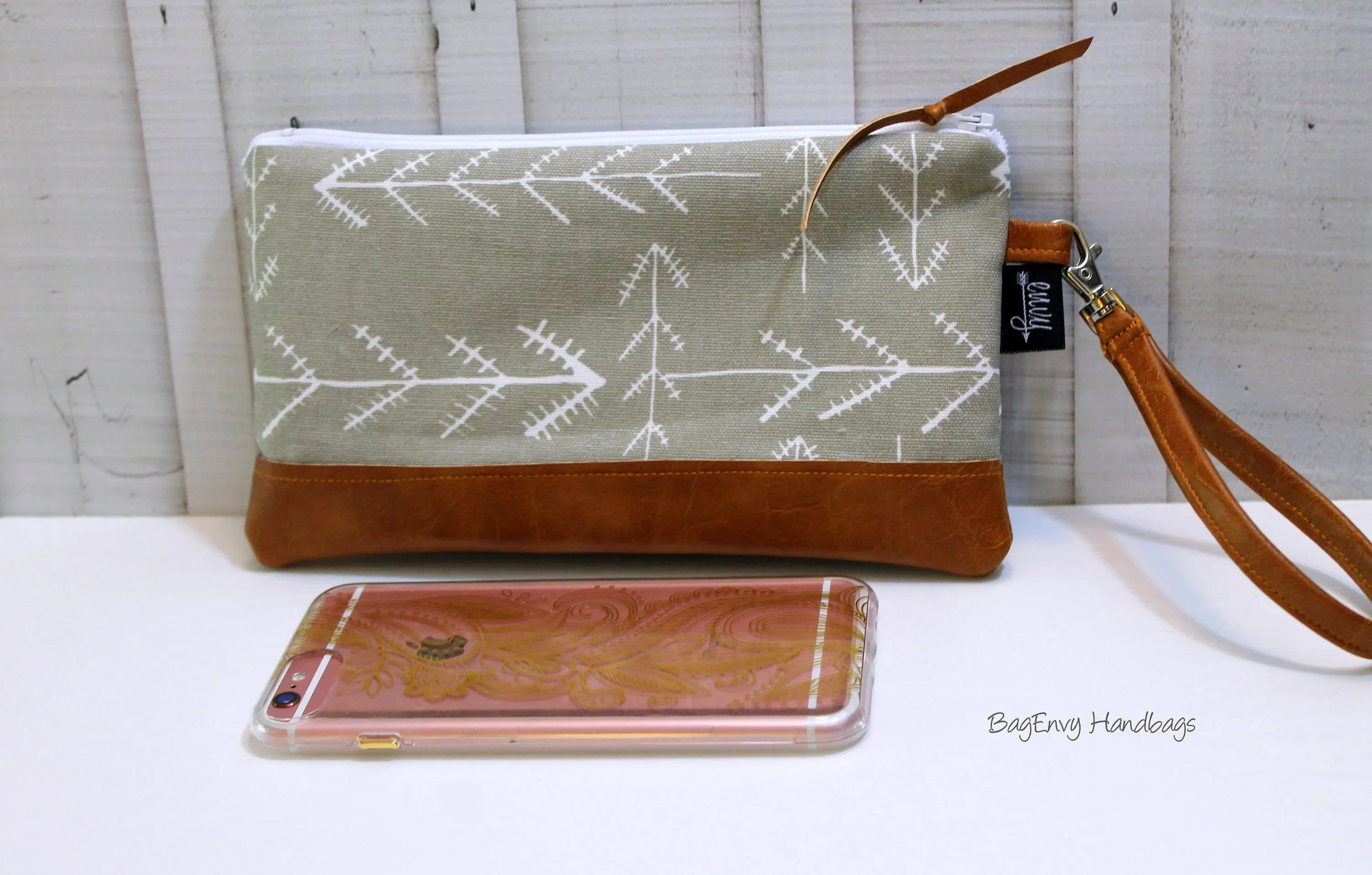 Coral Floral in Linen with Vegan Leather - Zippered Wristlet Clutch /  Bridesmaid Gift- Accessory Make Up Bag -