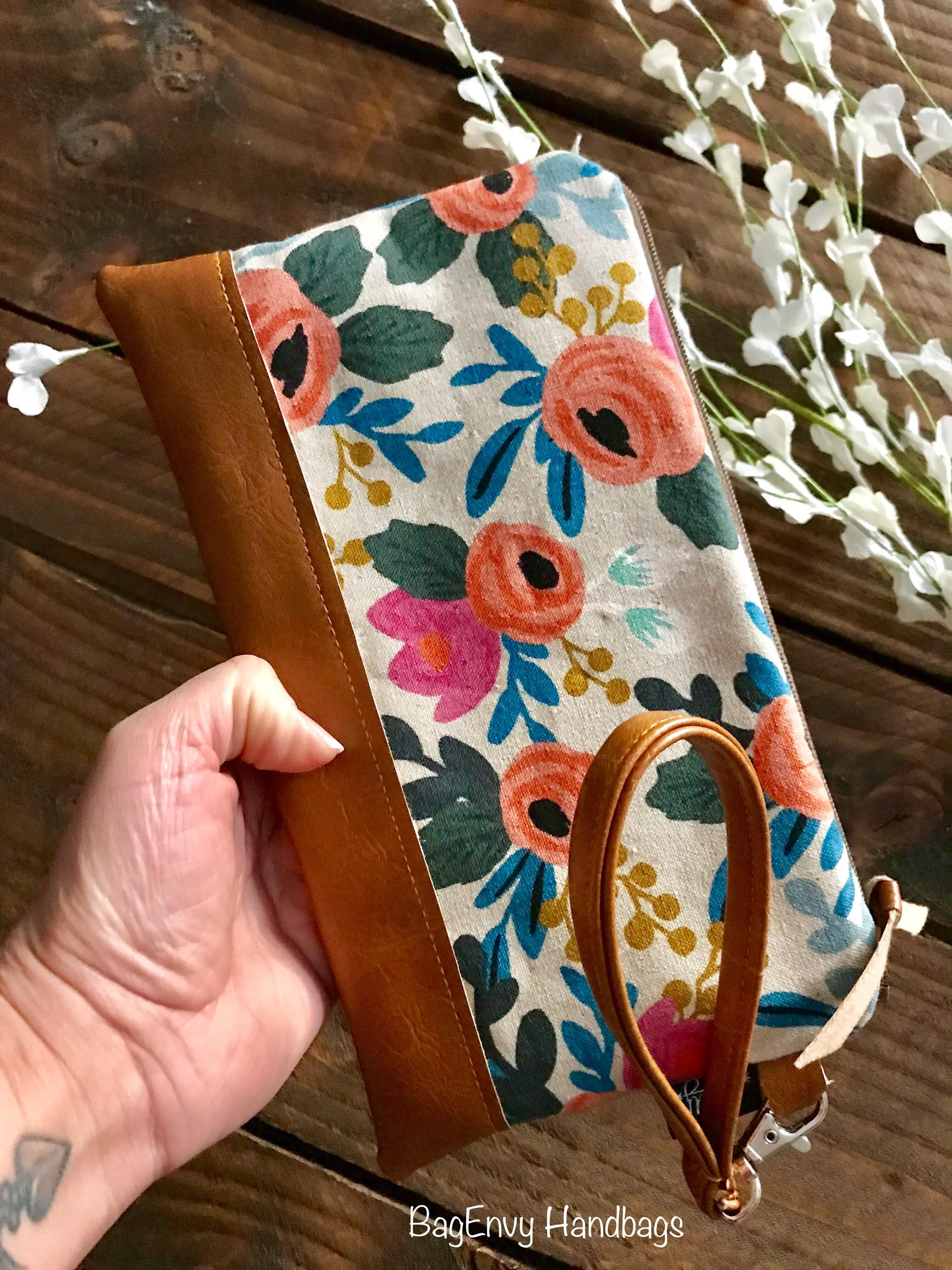 Coral Floral in Linen with Vegan Leather - Zippered Wristlet Clutch /  Bridesmaid Gift- Accessory Make Up Bag -