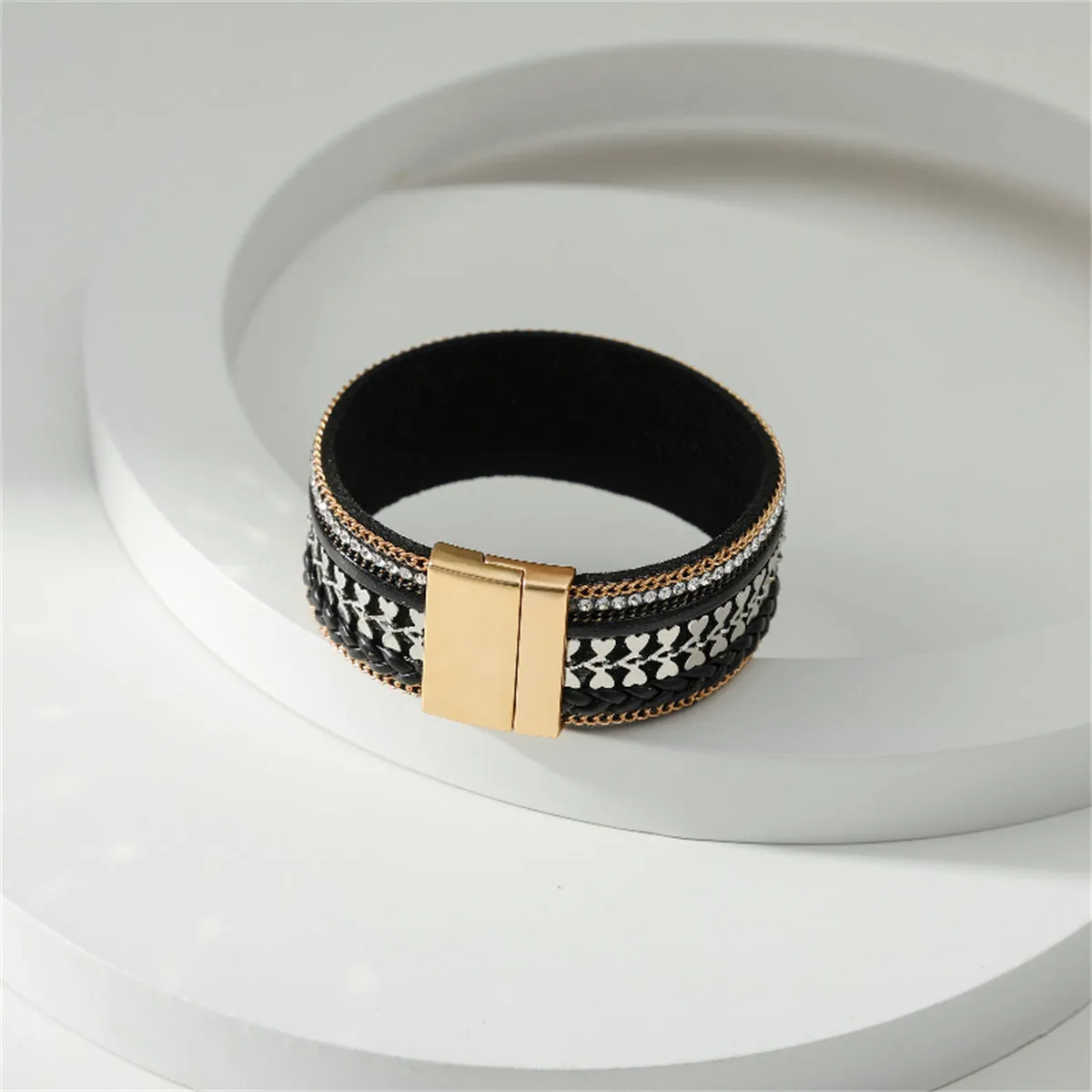 Cubic Zirconia & Black Polystyrene Two-Tone Curb-Chain Heart Bangle