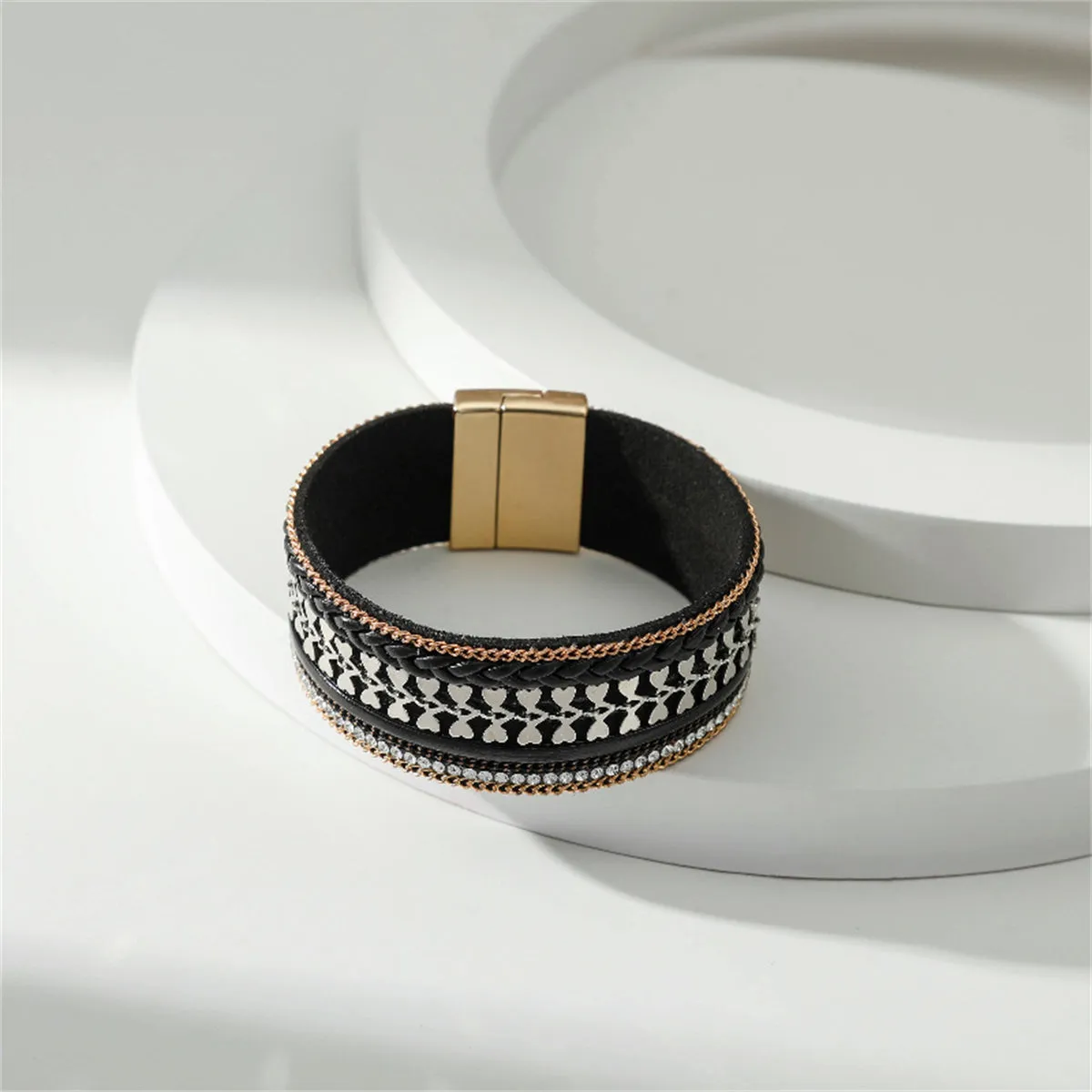Cubic Zirconia & Black Polystyrene Two-Tone Curb-Chain Heart Bangle