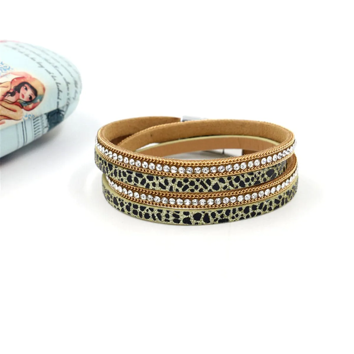 Cubic Zirconia & Tan Leopard Print Layered Bracelet