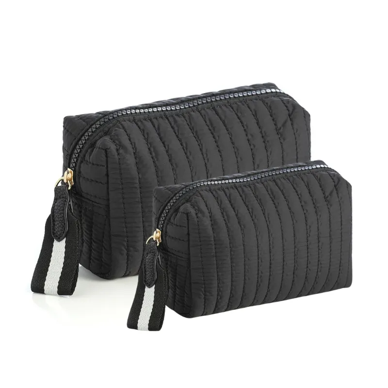 Ezra Quilted Nylon Boxy Cosmetic Pouch Set - Black
