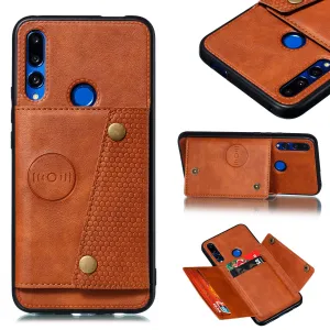 For HUAWEI Y9 prime 2019 PU Leather Shockproof Cell Phone Case Anti-dust Phone Case with Double Buckle Card Slot Pocket  Light Brown