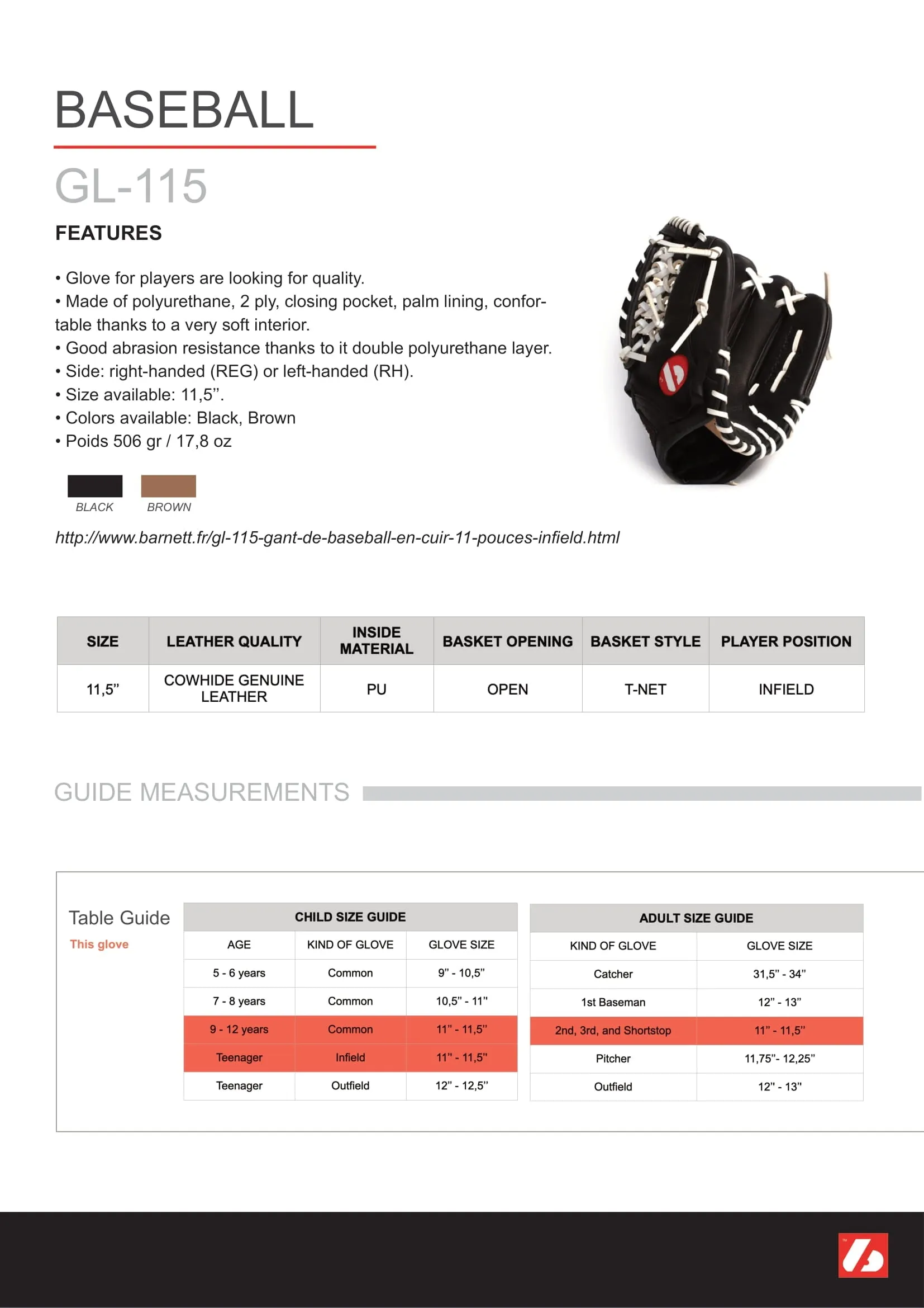 GL-115 Competition infield  baseball glove 11.5, Brown