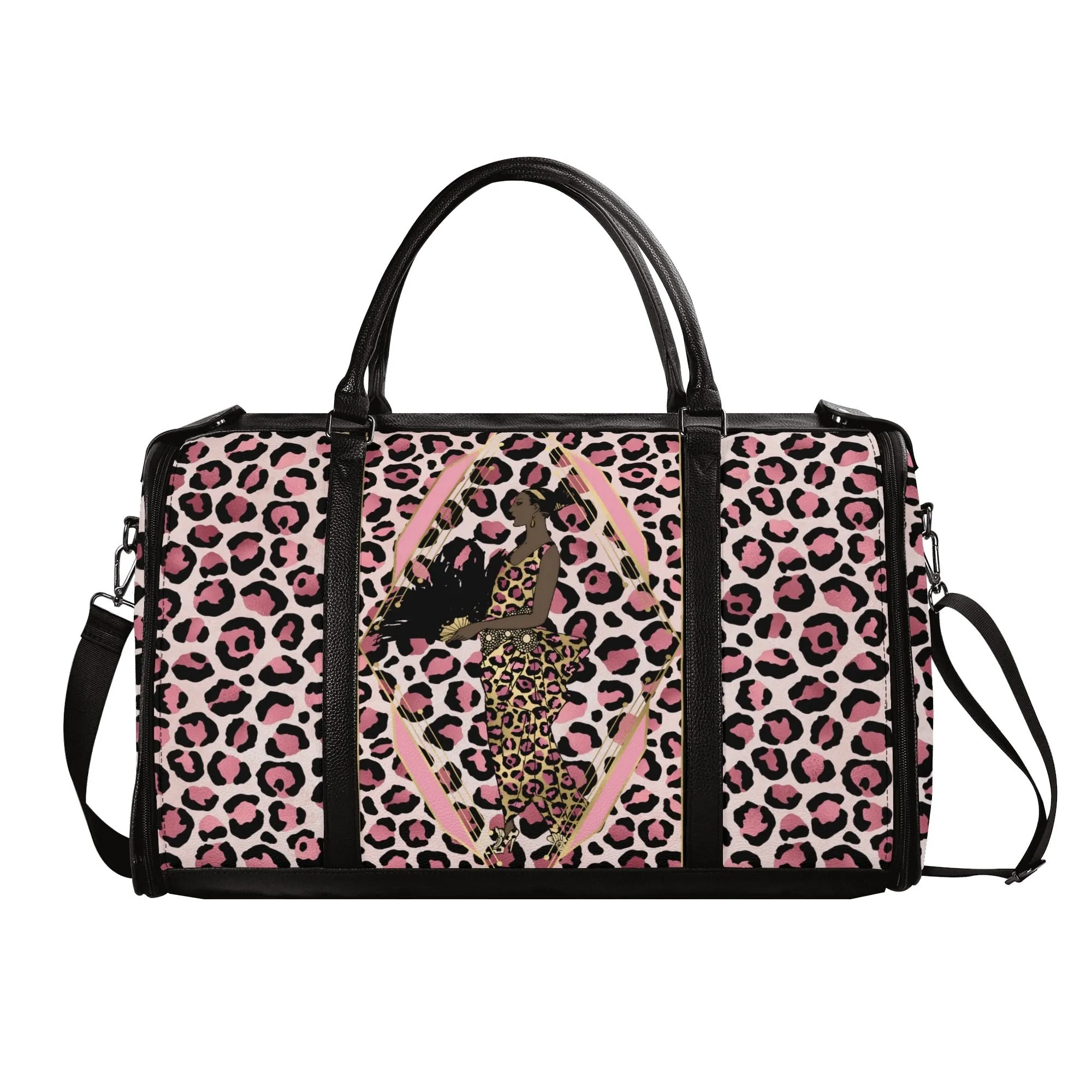 Gold Leopard and African Woman Pattern Foldable PU Leather Travel Bag