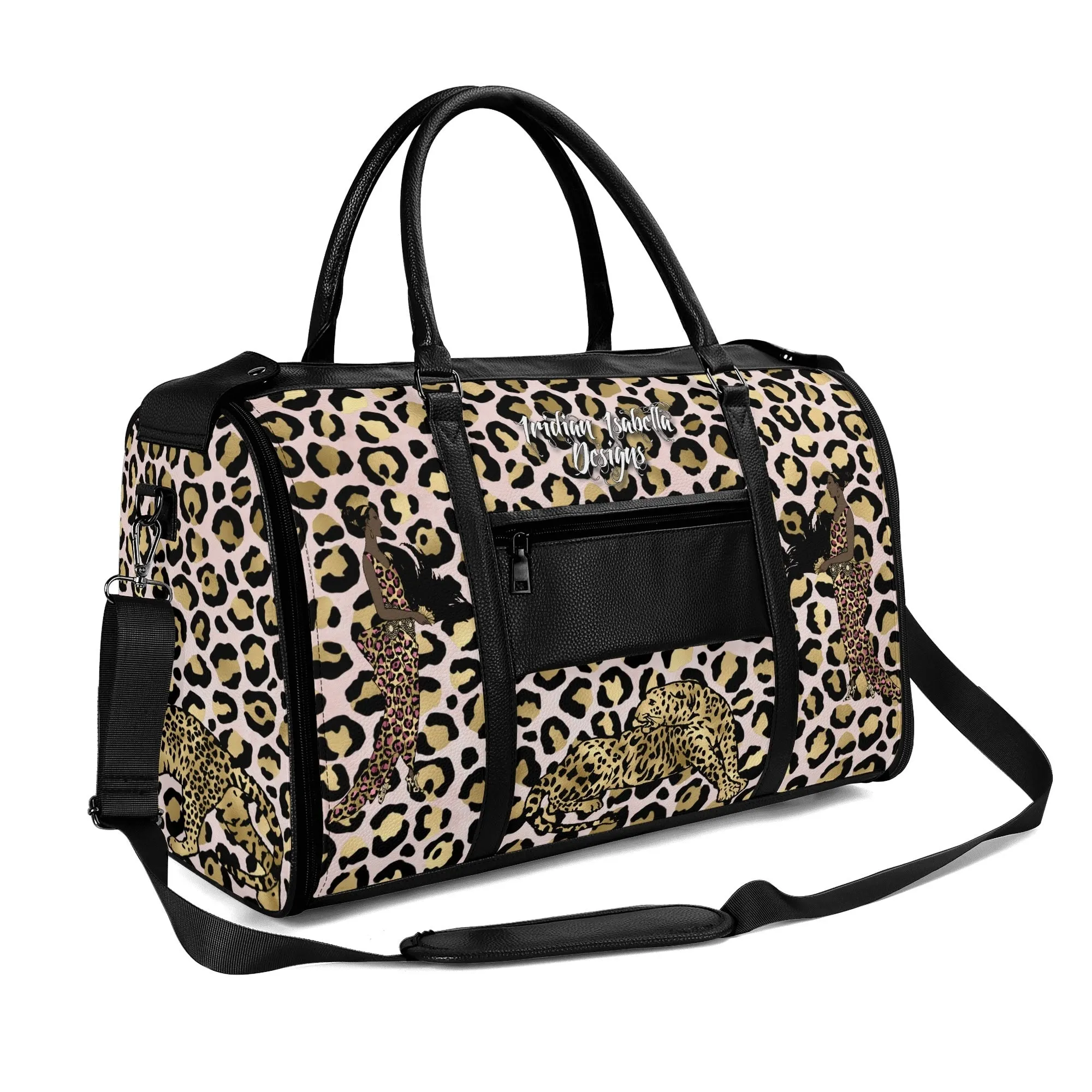 Gold Leopard and African Woman Pattern Foldable PU Leather Travel Bag