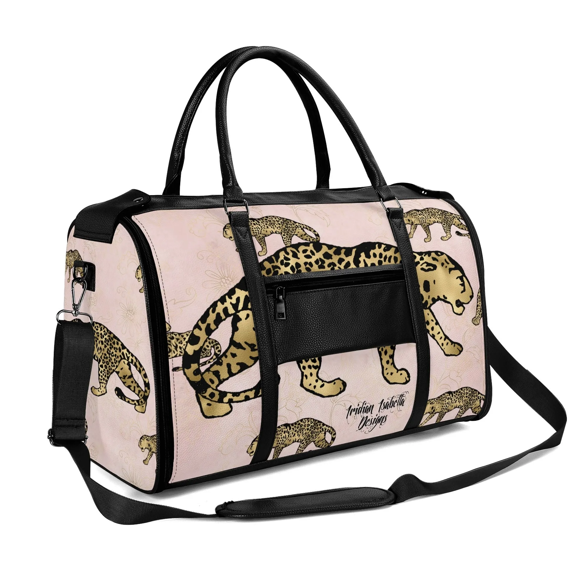 Gold Leopard and African Woman Pattern Foldable PU Leather Travel Bag