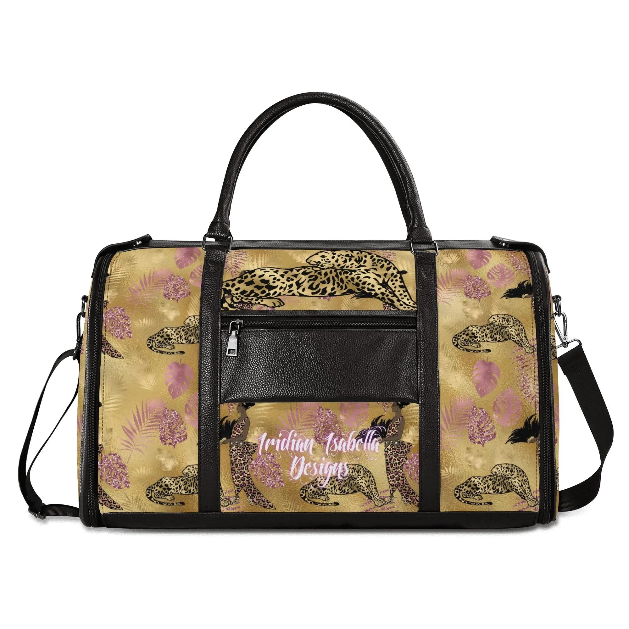 Gold Leopard and African Woman Pattern Foldable PU Leather Travel Bag