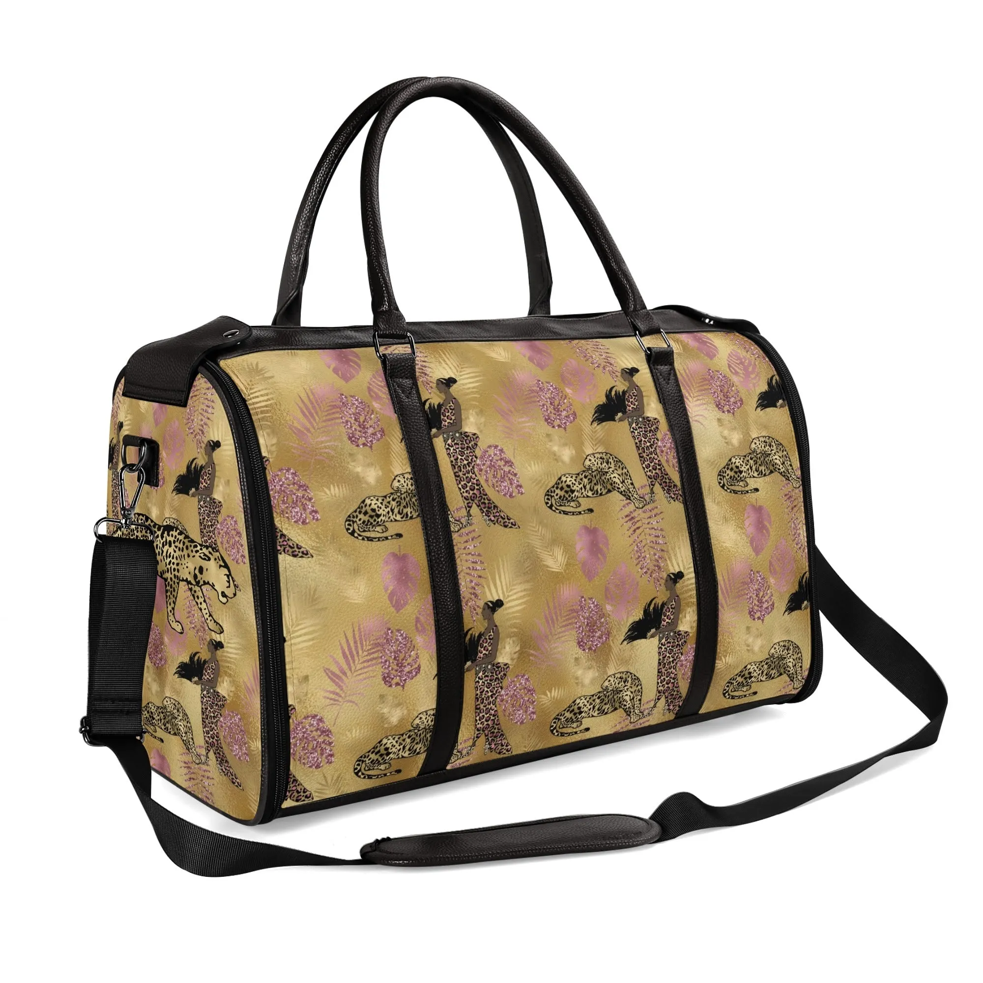 Gold Leopard and African Woman Pattern Foldable PU Leather Travel Bag