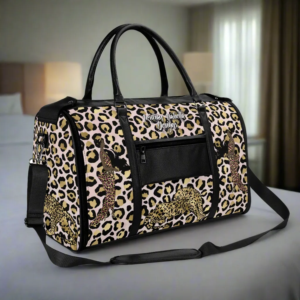 Gold Leopard and African Woman Pattern Foldable PU Leather Travel Bag