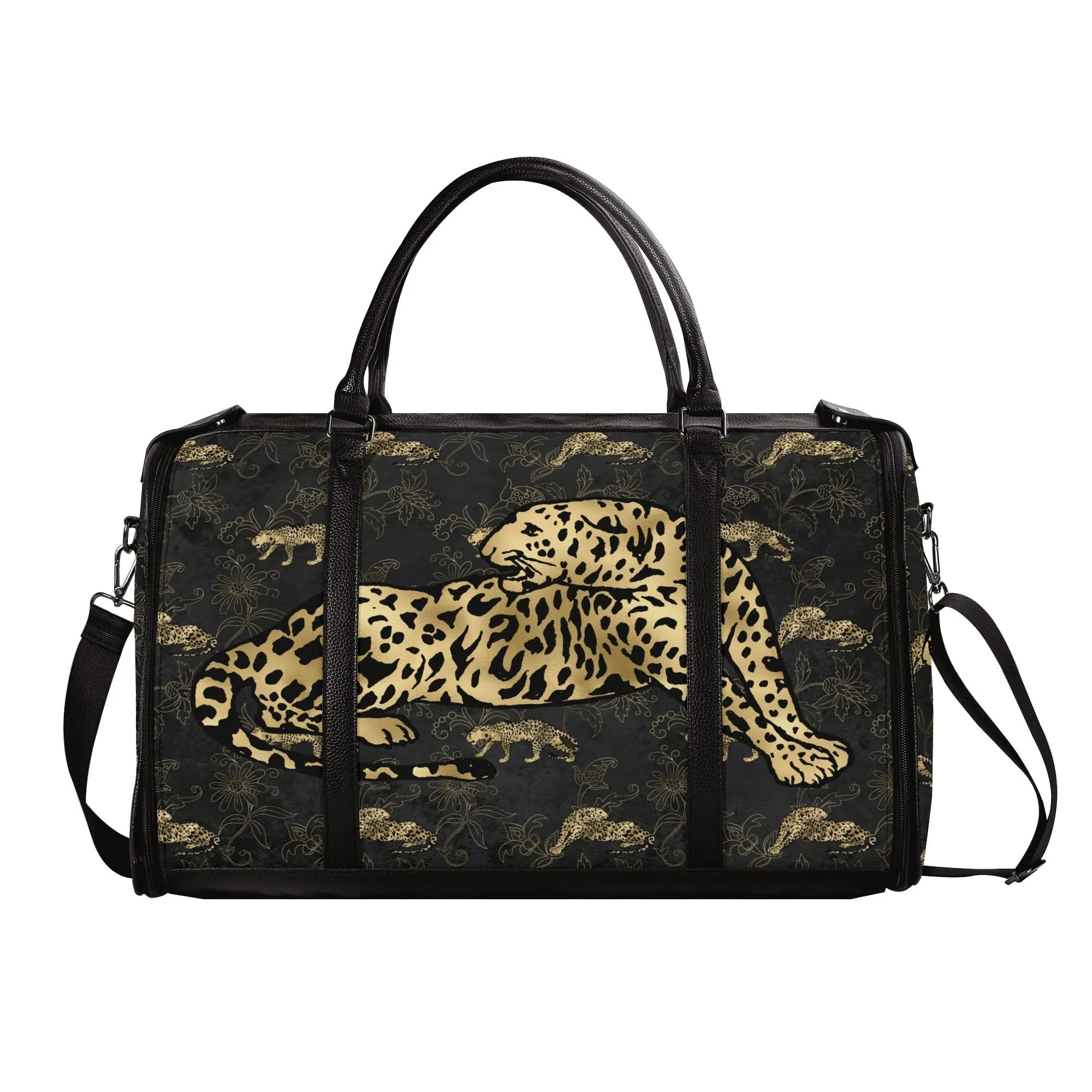 Gold Leopard and African Woman Pattern Foldable PU Leather Travel Bag