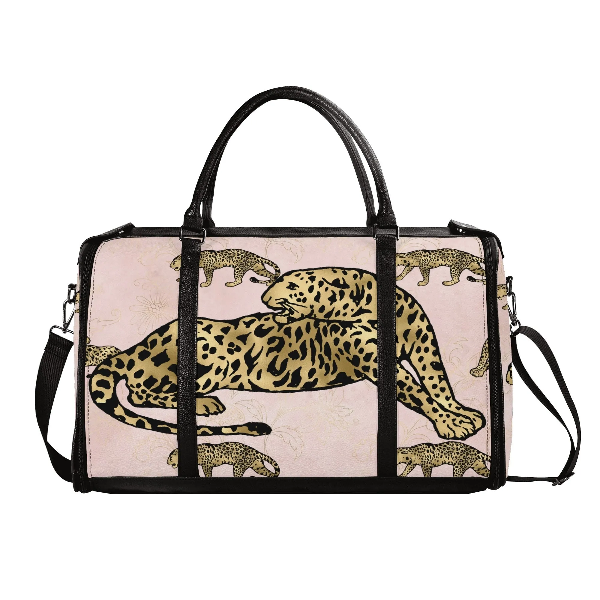 Gold Leopard and African Woman Pattern Foldable PU Leather Travel Bag