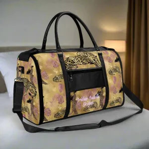 Gold Leopard and African Woman Pattern Foldable PU Leather Travel Bag