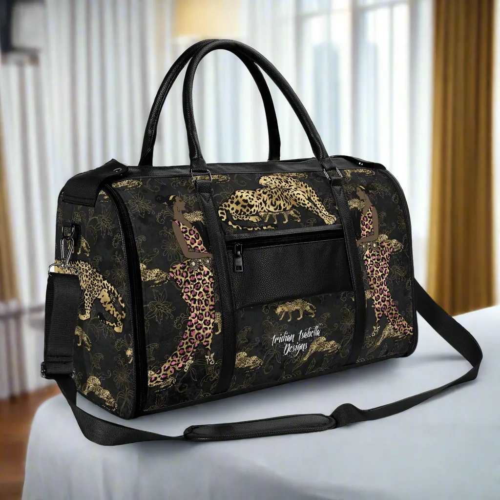 Gold Leopard and African Woman Pattern Foldable PU Leather Travel Bag
