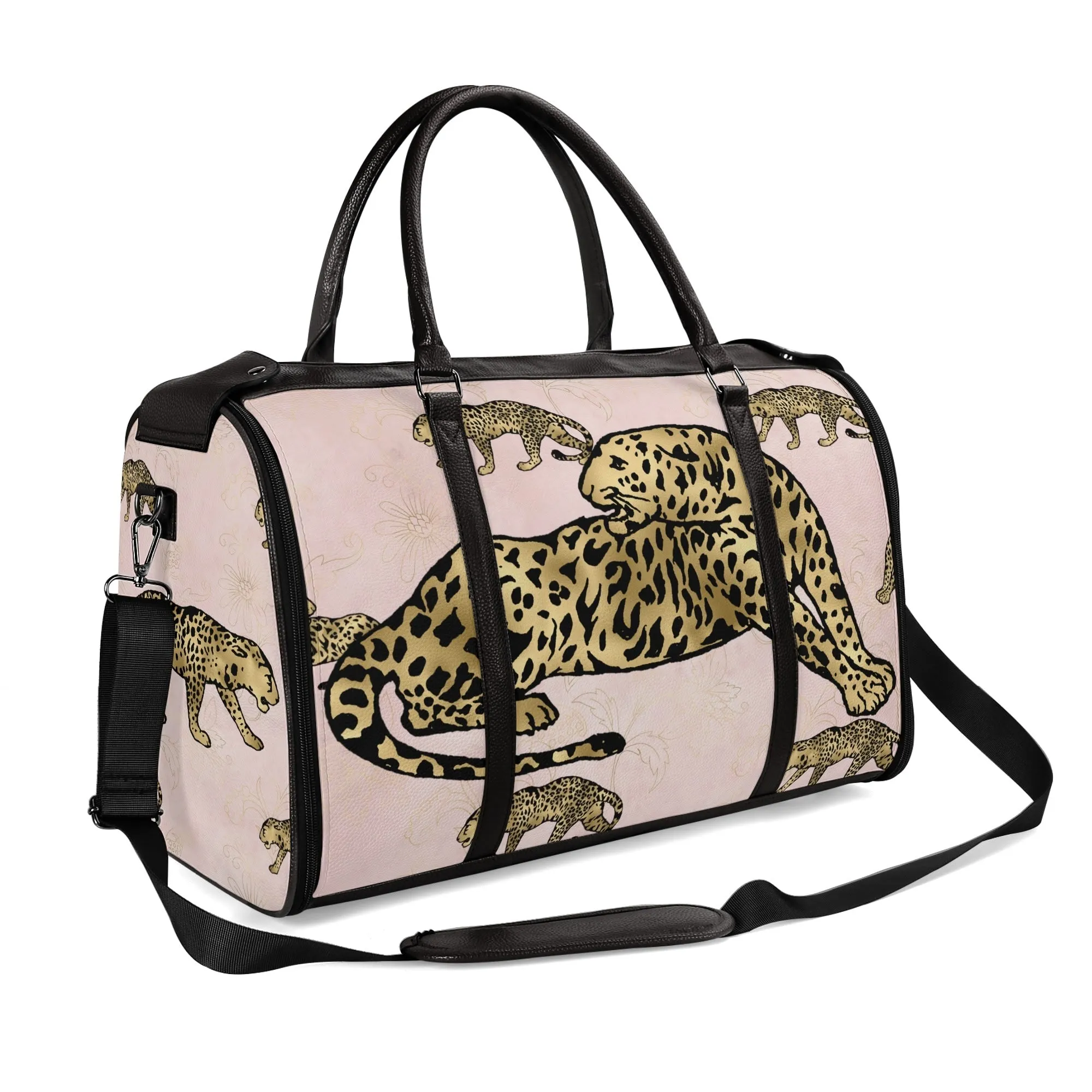 Gold Leopard and African Woman Pattern Foldable PU Leather Travel Bag
