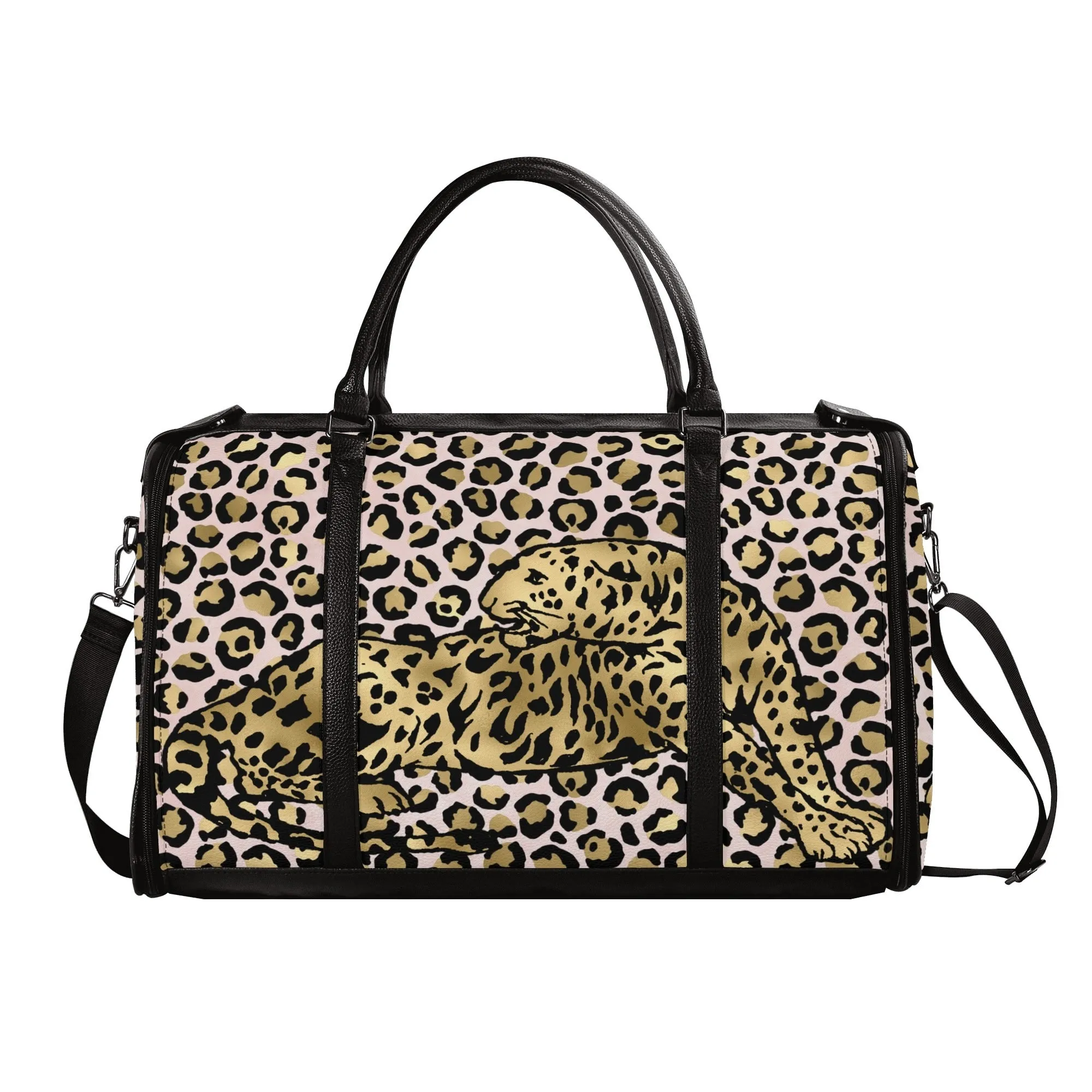 Gold Leopard and African Woman Pattern Foldable PU Leather Travel Bag