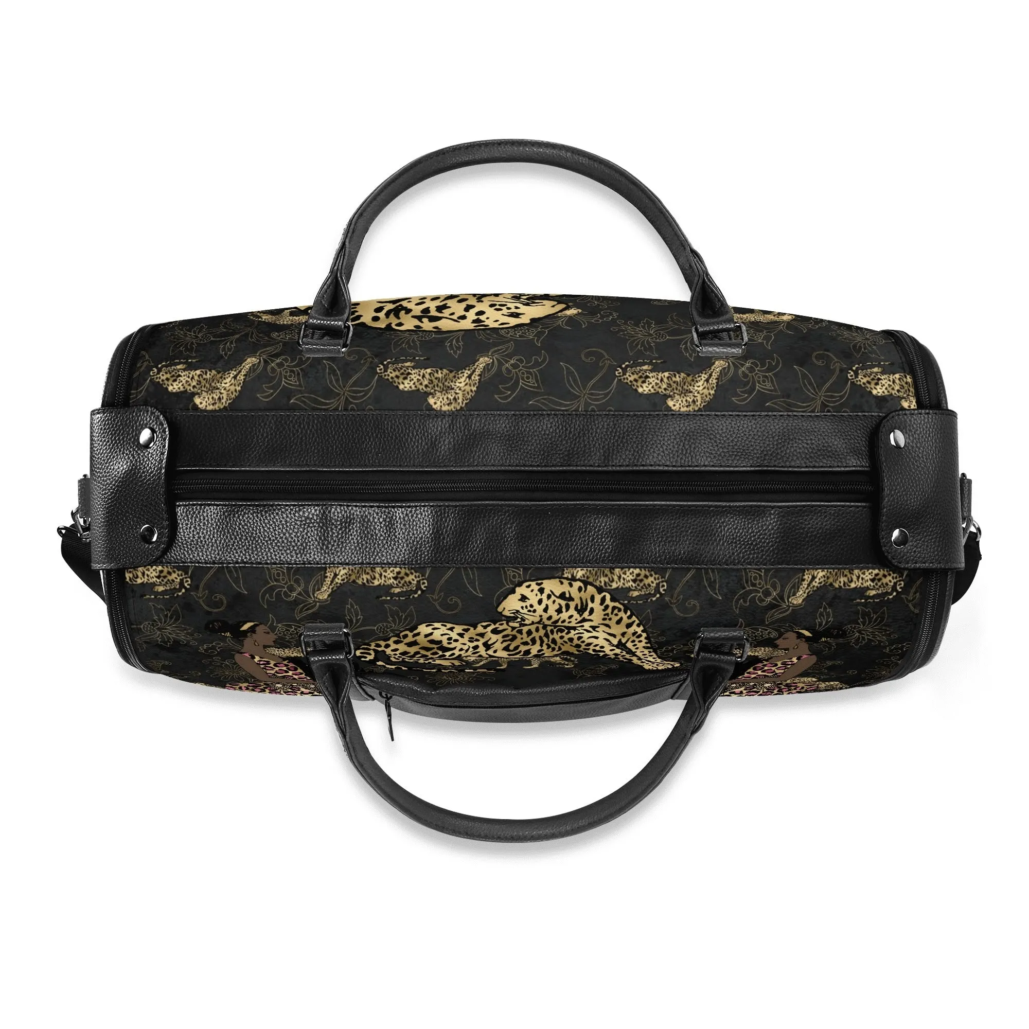 Gold Leopard and African Woman Pattern Foldable PU Leather Travel Bag