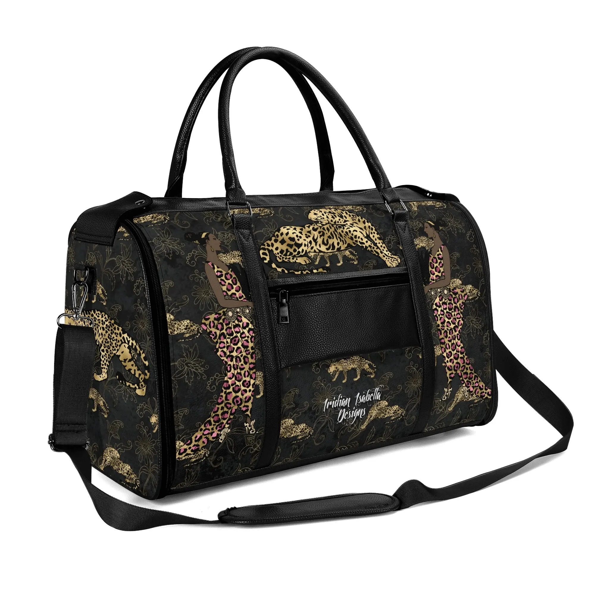 Gold Leopard and African Woman Pattern Foldable PU Leather Travel Bag