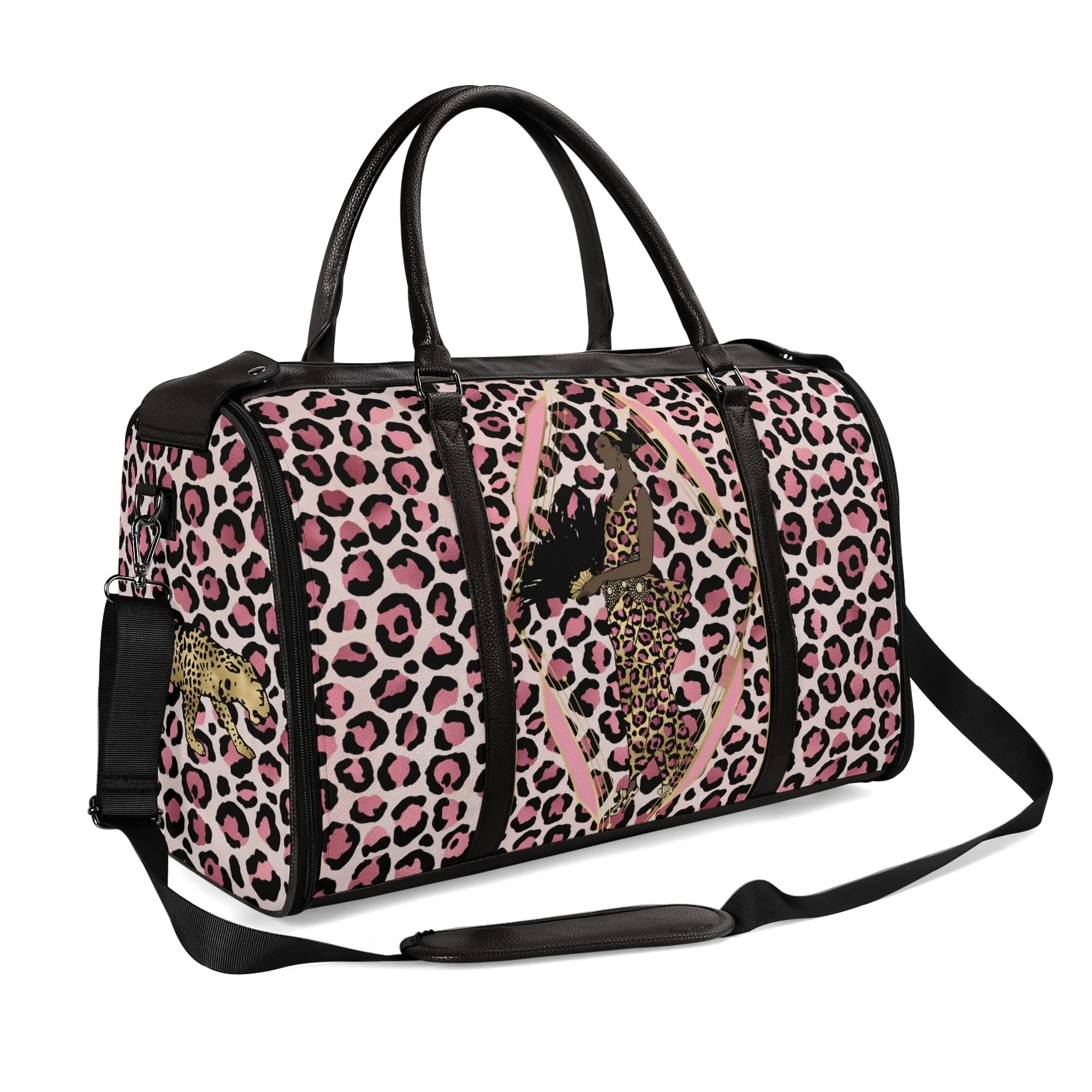 Gold Leopard and African Woman Pattern Foldable PU Leather Travel Bag