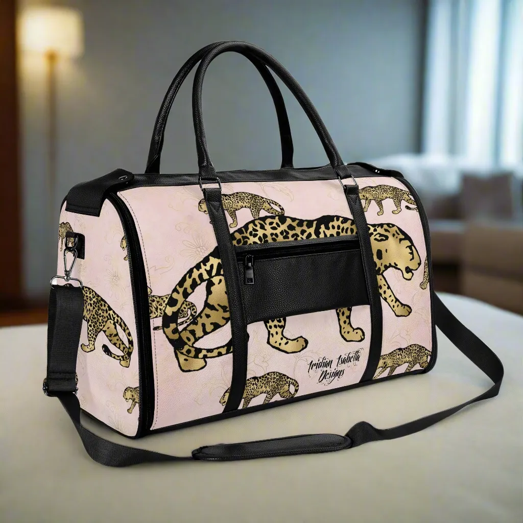 Gold Leopard and African Woman Pattern Foldable PU Leather Travel Bag