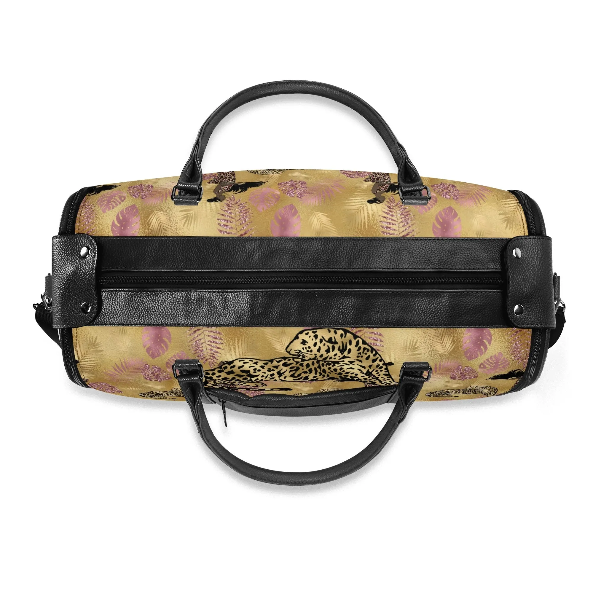 Gold Leopard and African Woman Pattern Foldable PU Leather Travel Bag