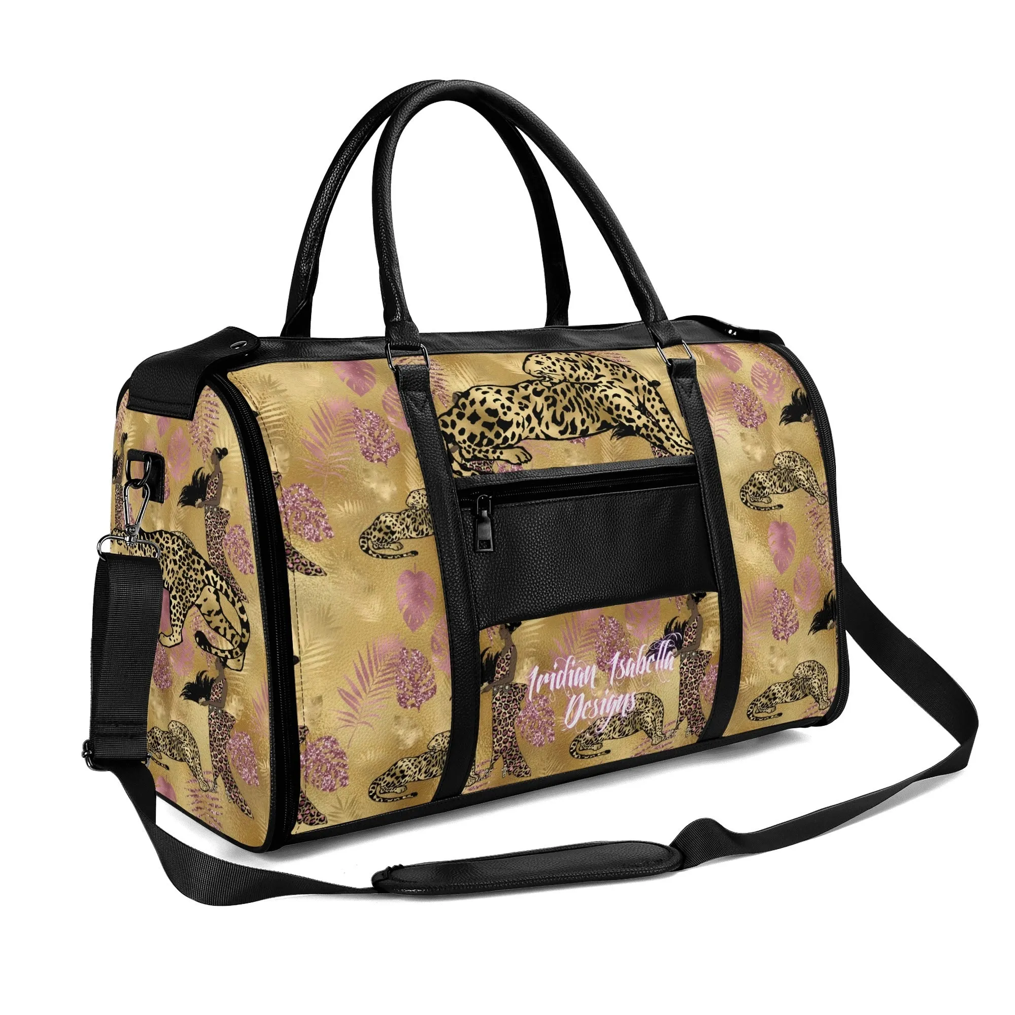 Gold Leopard and African Woman Pattern Foldable PU Leather Travel Bag