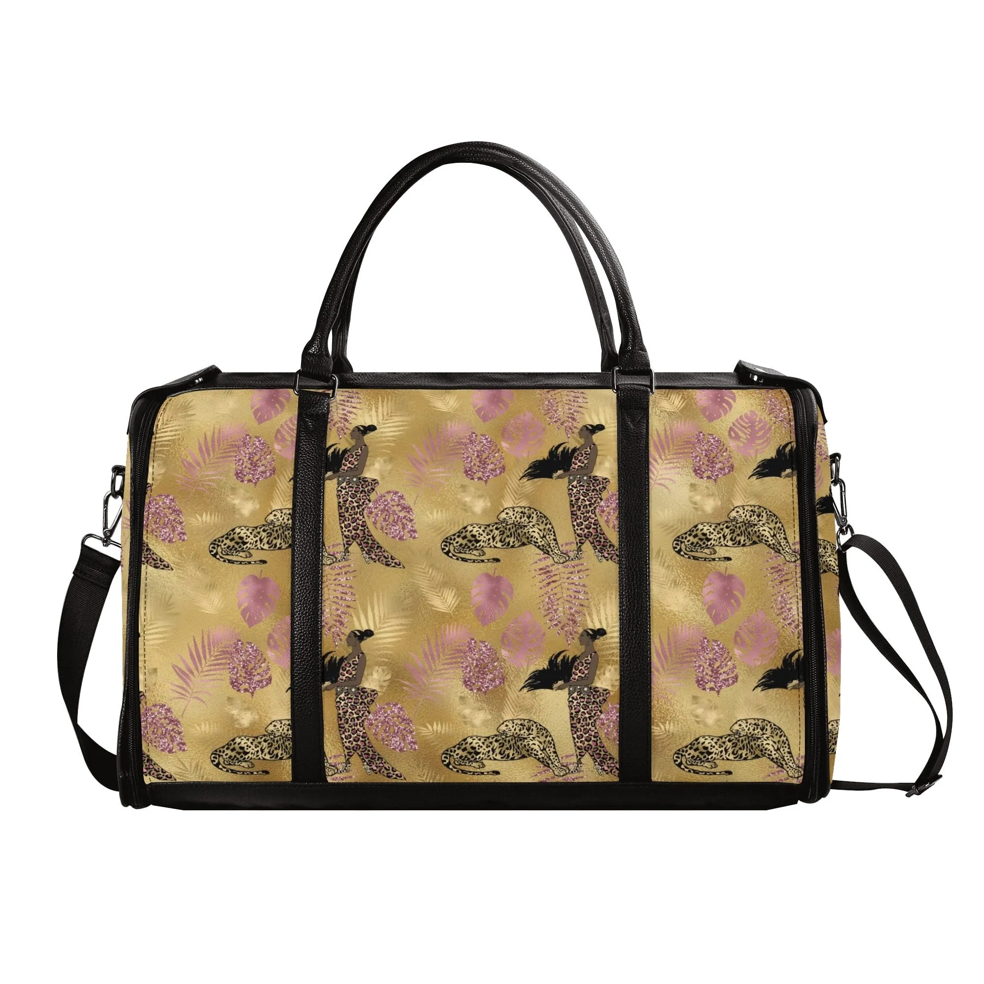 Gold Leopard and African Woman Pattern Foldable PU Leather Travel Bag