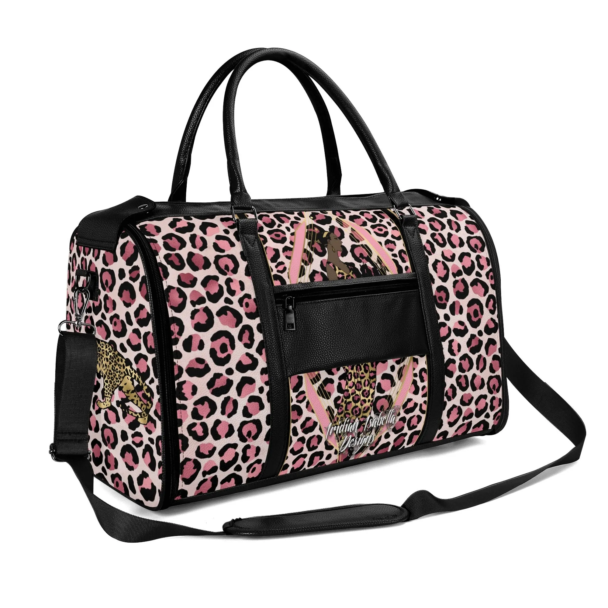 Gold Leopard and African Woman Pattern Foldable PU Leather Travel Bag