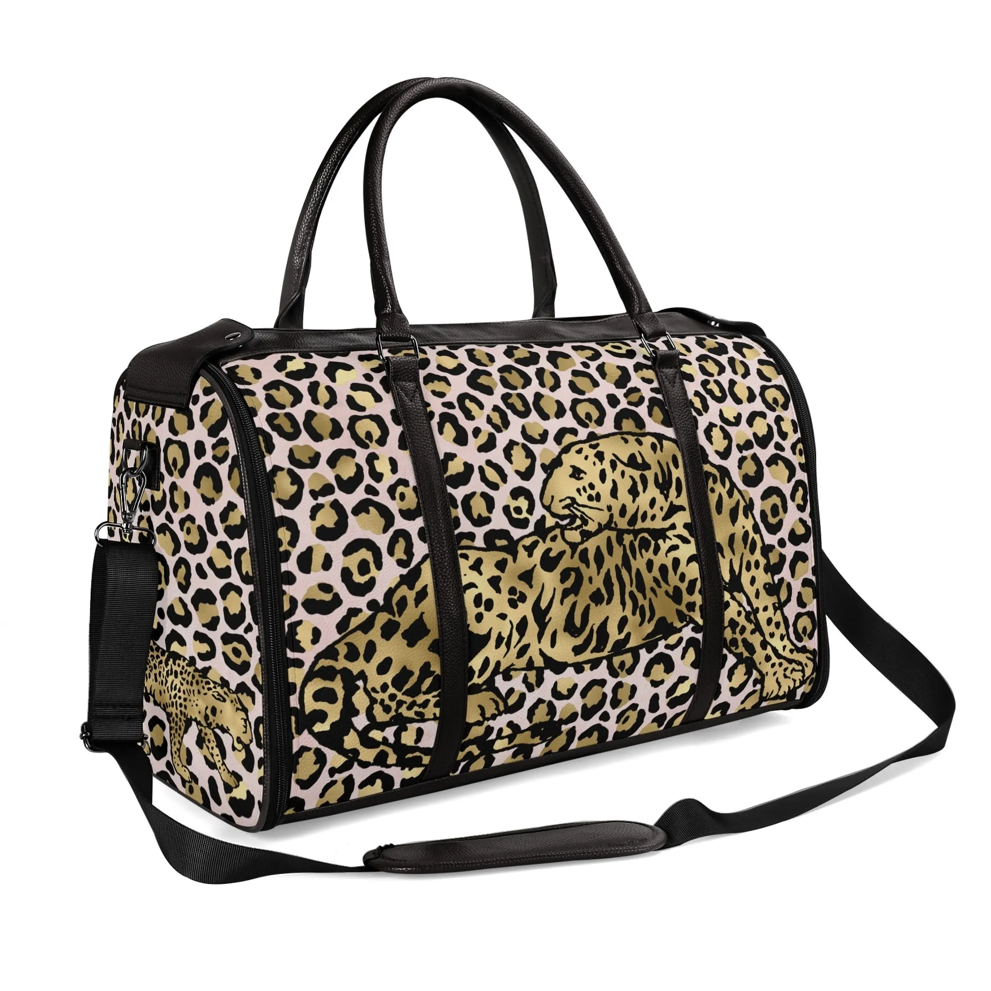 Gold Leopard and African Woman Pattern Foldable PU Leather Travel Bag