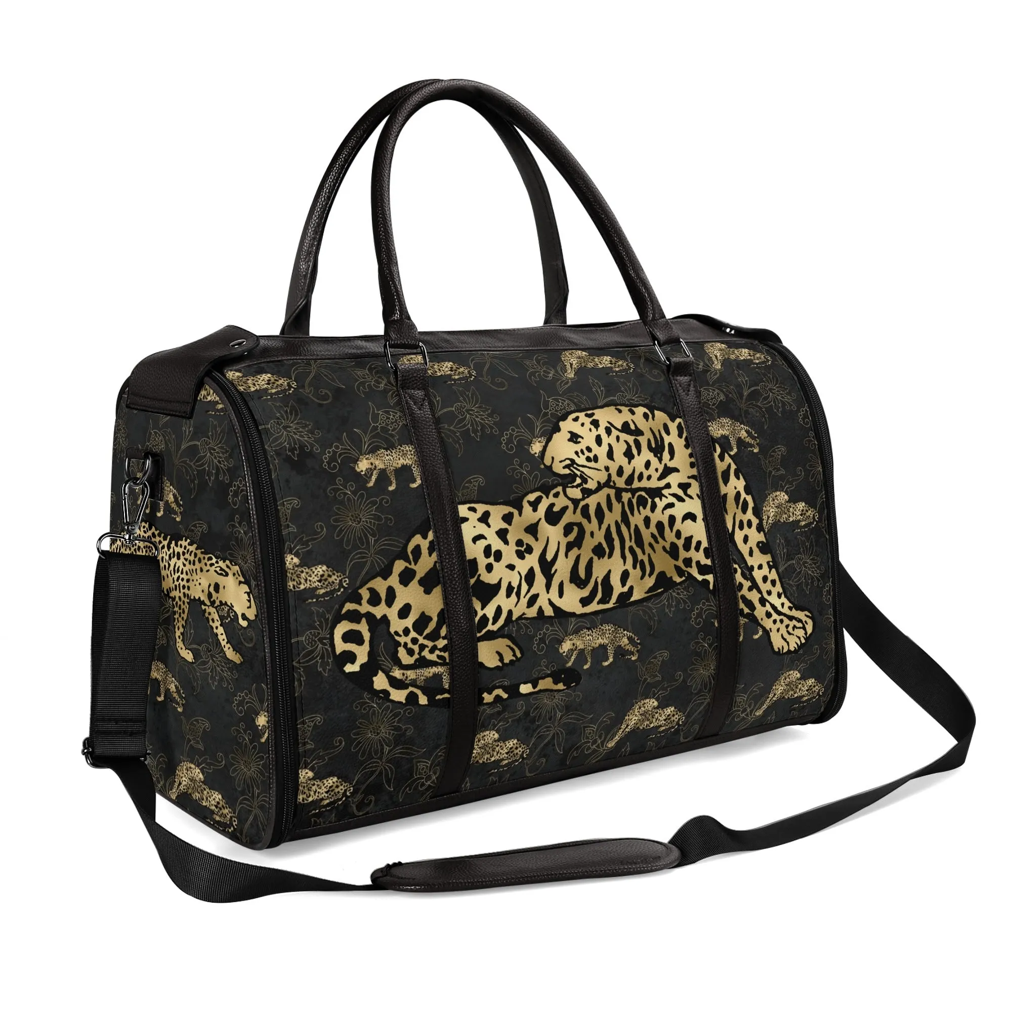 Gold Leopard and African Woman Pattern Foldable PU Leather Travel Bag