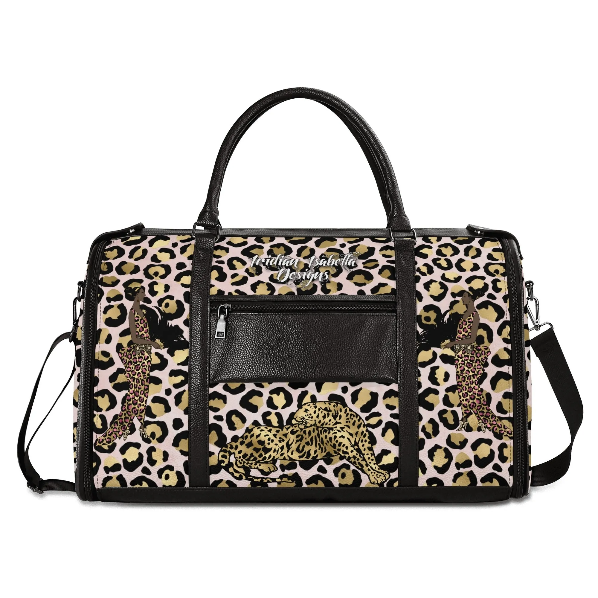 Gold Leopard and African Woman Pattern Foldable PU Leather Travel Bag