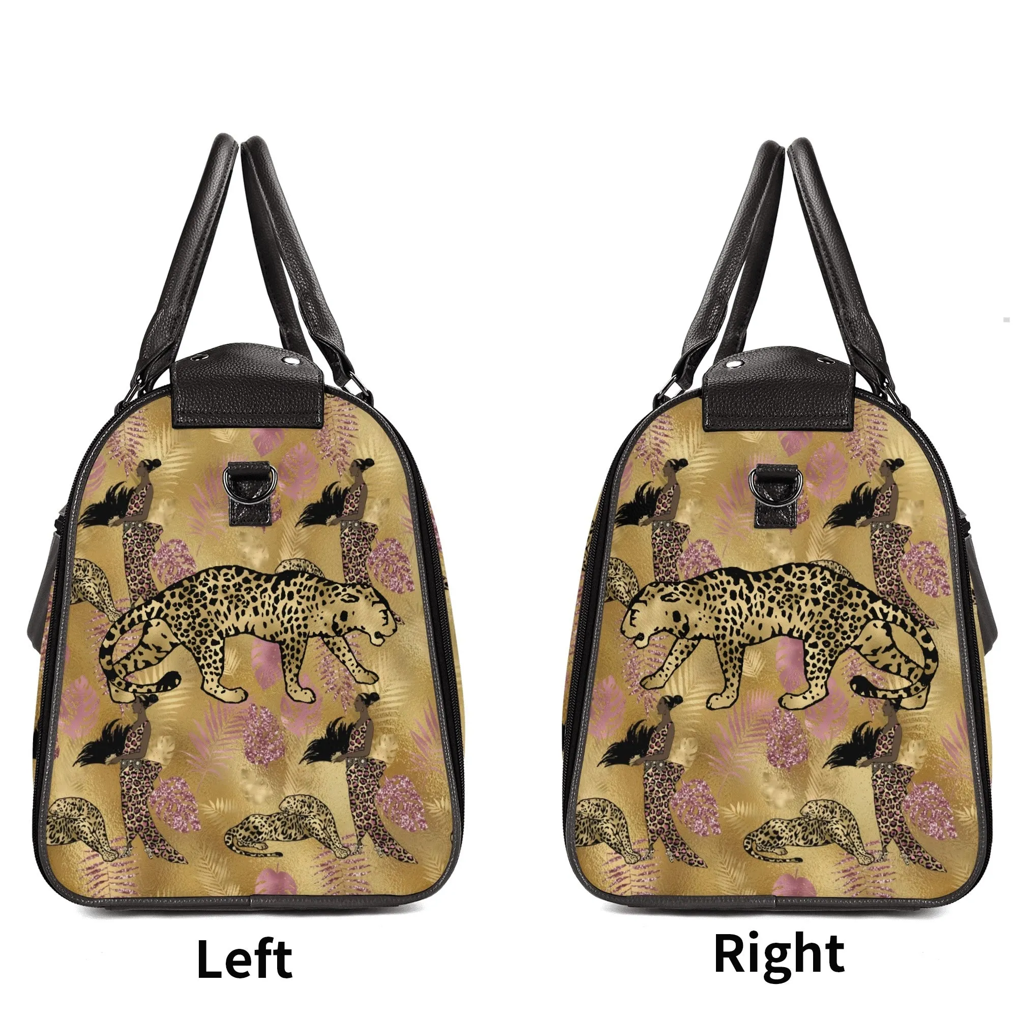 Gold Leopard and African Woman Pattern Foldable PU Leather Travel Bag