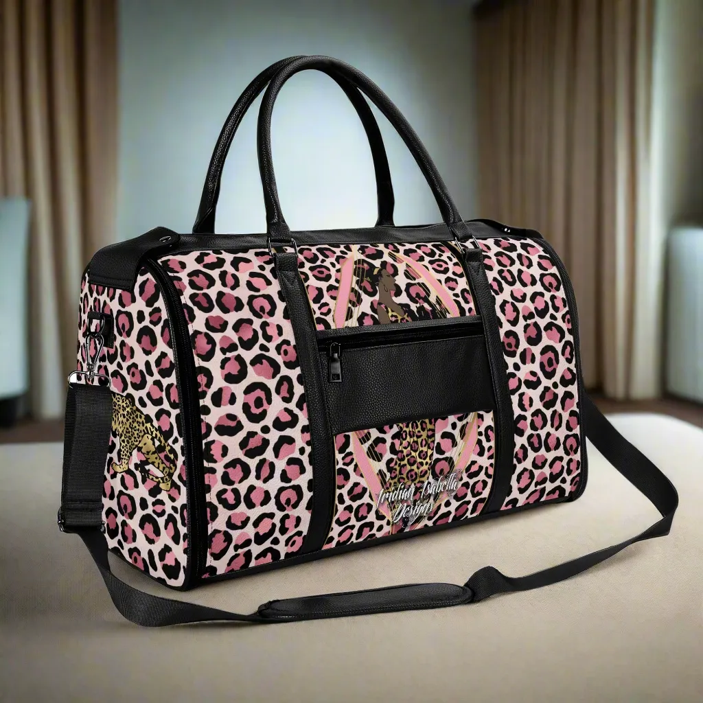 Gold Leopard and African Woman Pattern Foldable PU Leather Travel Bag