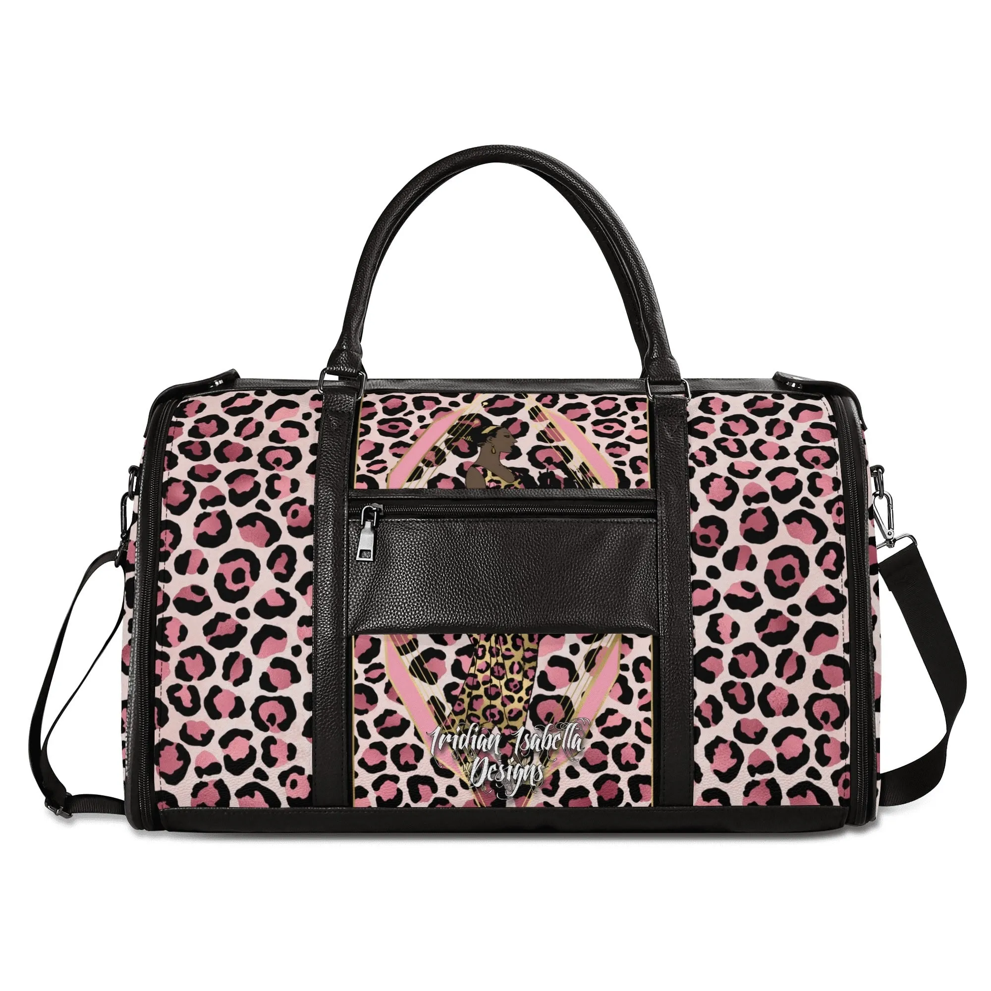 Gold Leopard and African Woman Pattern Foldable PU Leather Travel Bag