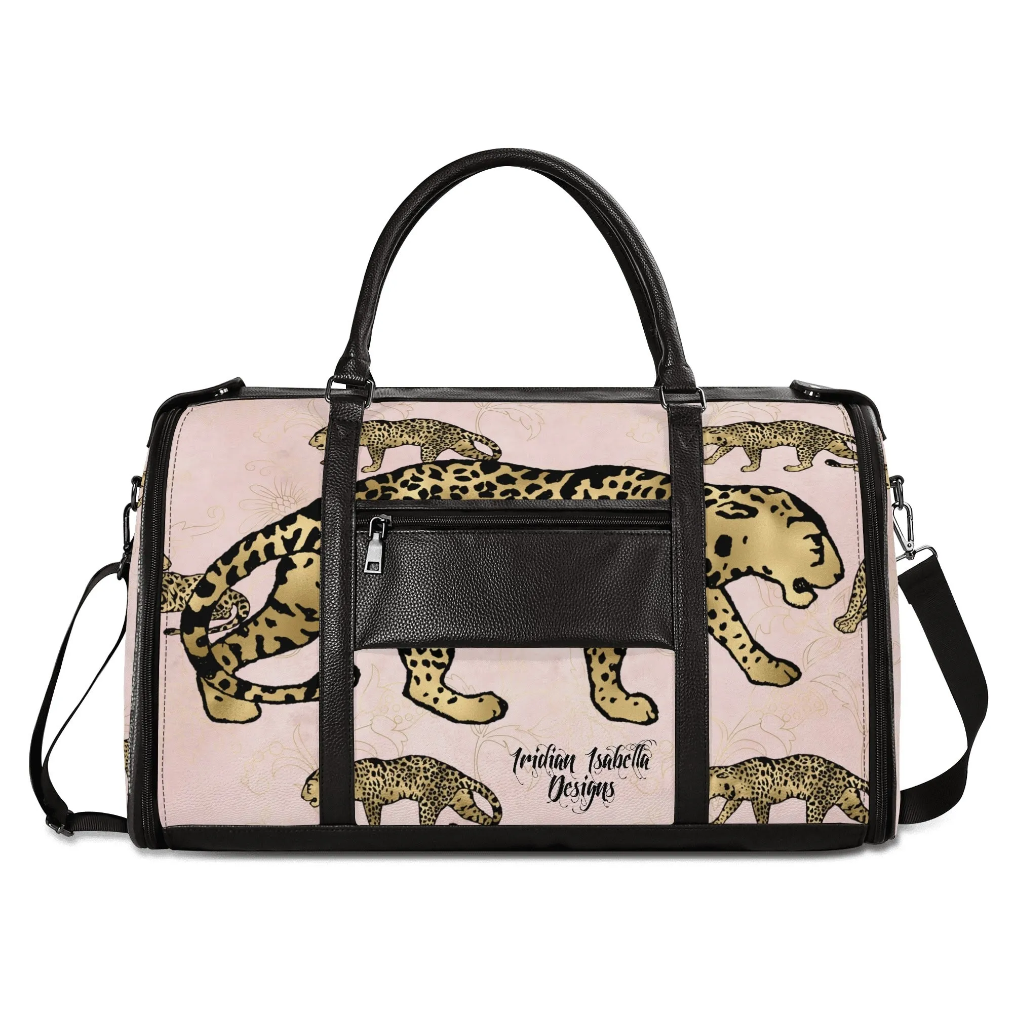 Gold Leopard and African Woman Pattern Foldable PU Leather Travel Bag