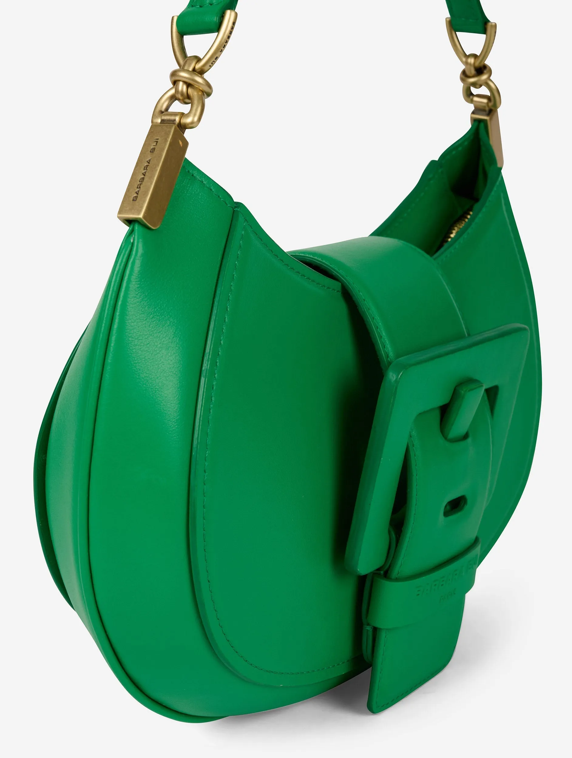 Green leather Kiss Me clutch bag