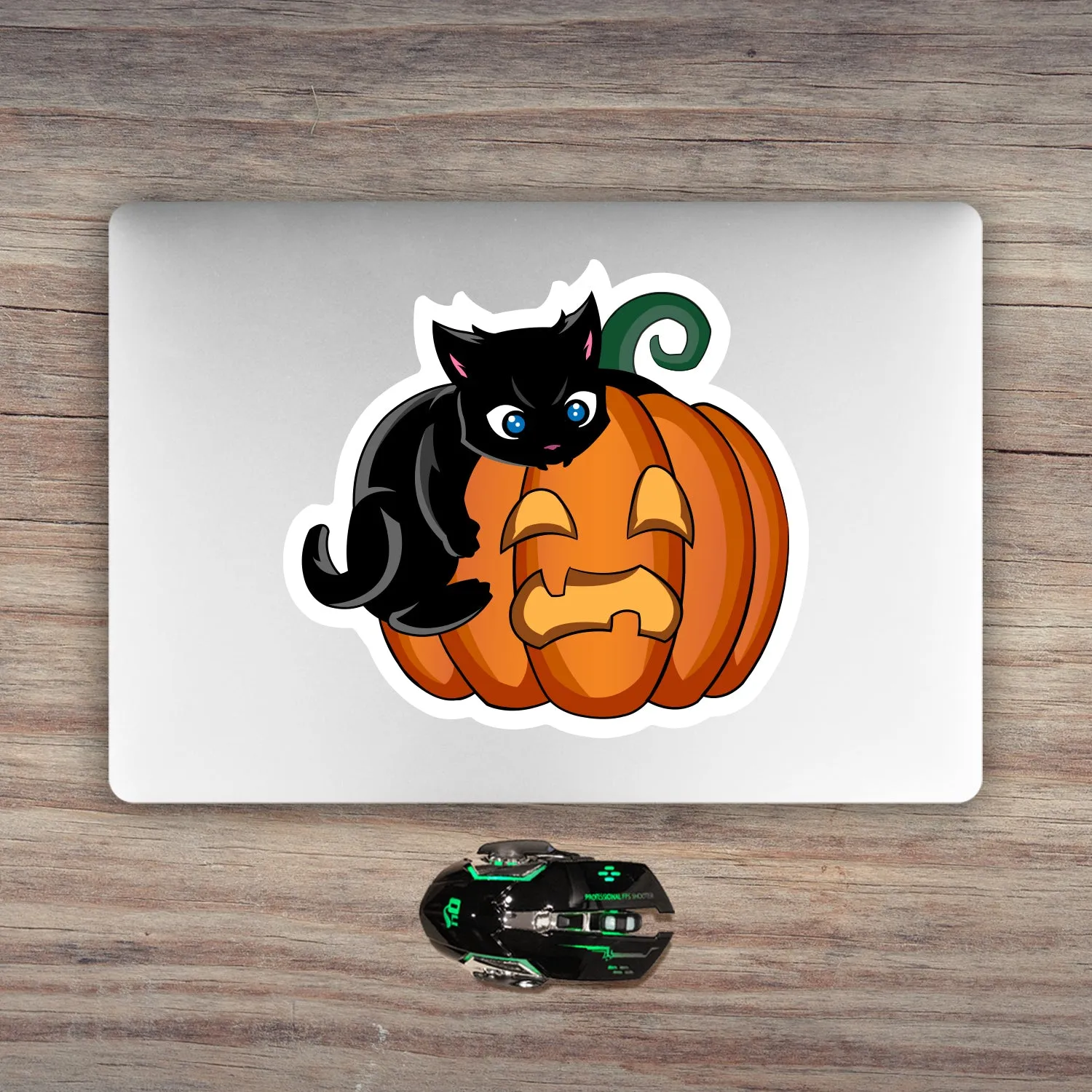 Halloween Black Cat Biting Pumpkin Sticker