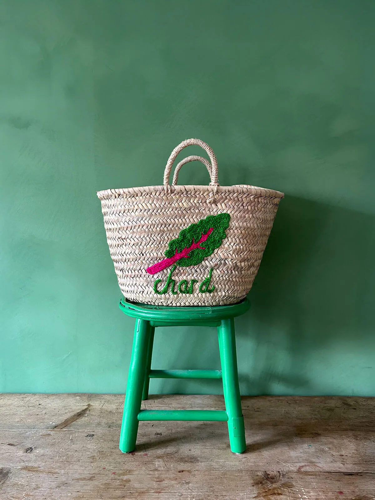Hand Embroidered Market Basket, Chard