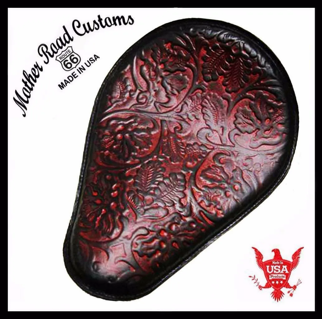 Harley Sportster Honda Spring Seat 10x13 Ant Red OakLeaf Leather Chopper Bobber