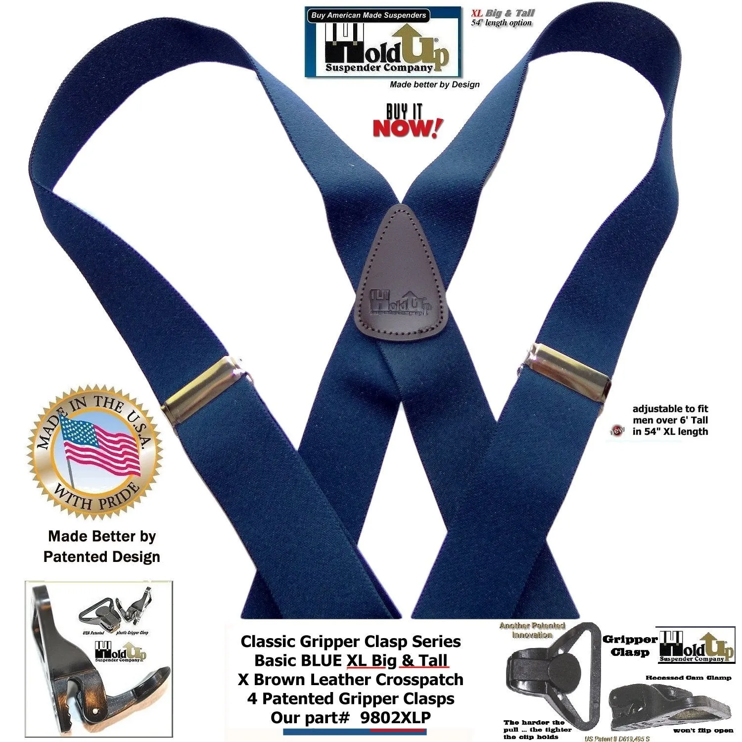 Holdup Brand XL Classic Series Basic Blue X-back Suspenders with Patented black Gripper Clasps