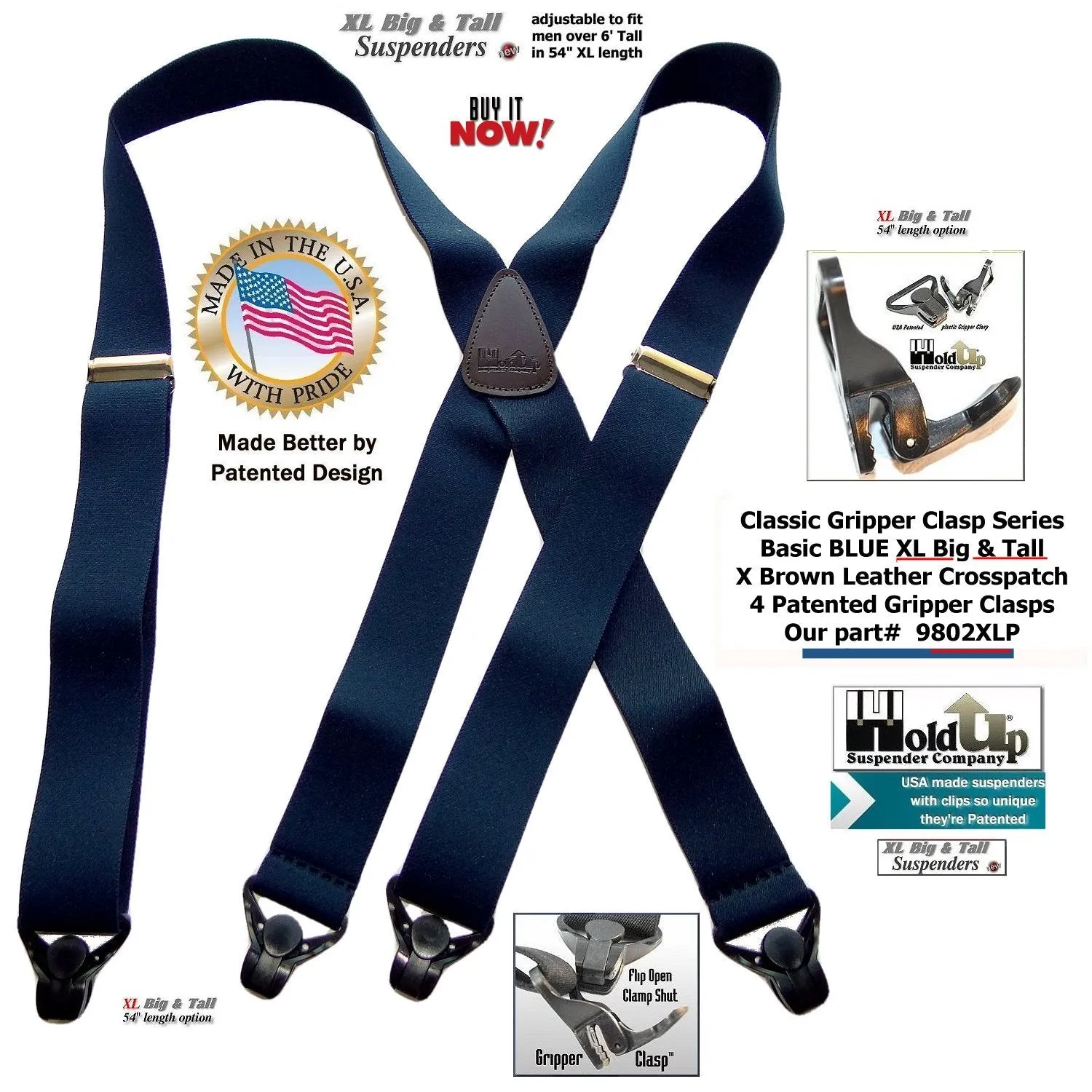 Holdup Brand XL Classic Series Basic Blue X-back Suspenders with Patented black Gripper Clasps