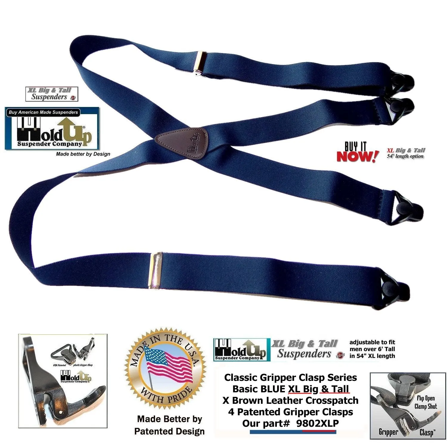 Holdup Brand XL Classic Series Basic Blue X-back Suspenders with Patented black Gripper Clasps