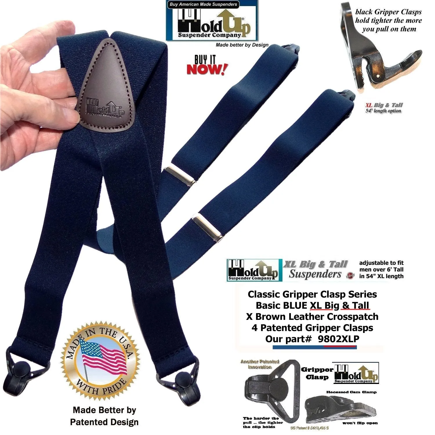 Holdup Brand XL Classic Series Basic Blue X-back Suspenders with Patented black Gripper Clasps