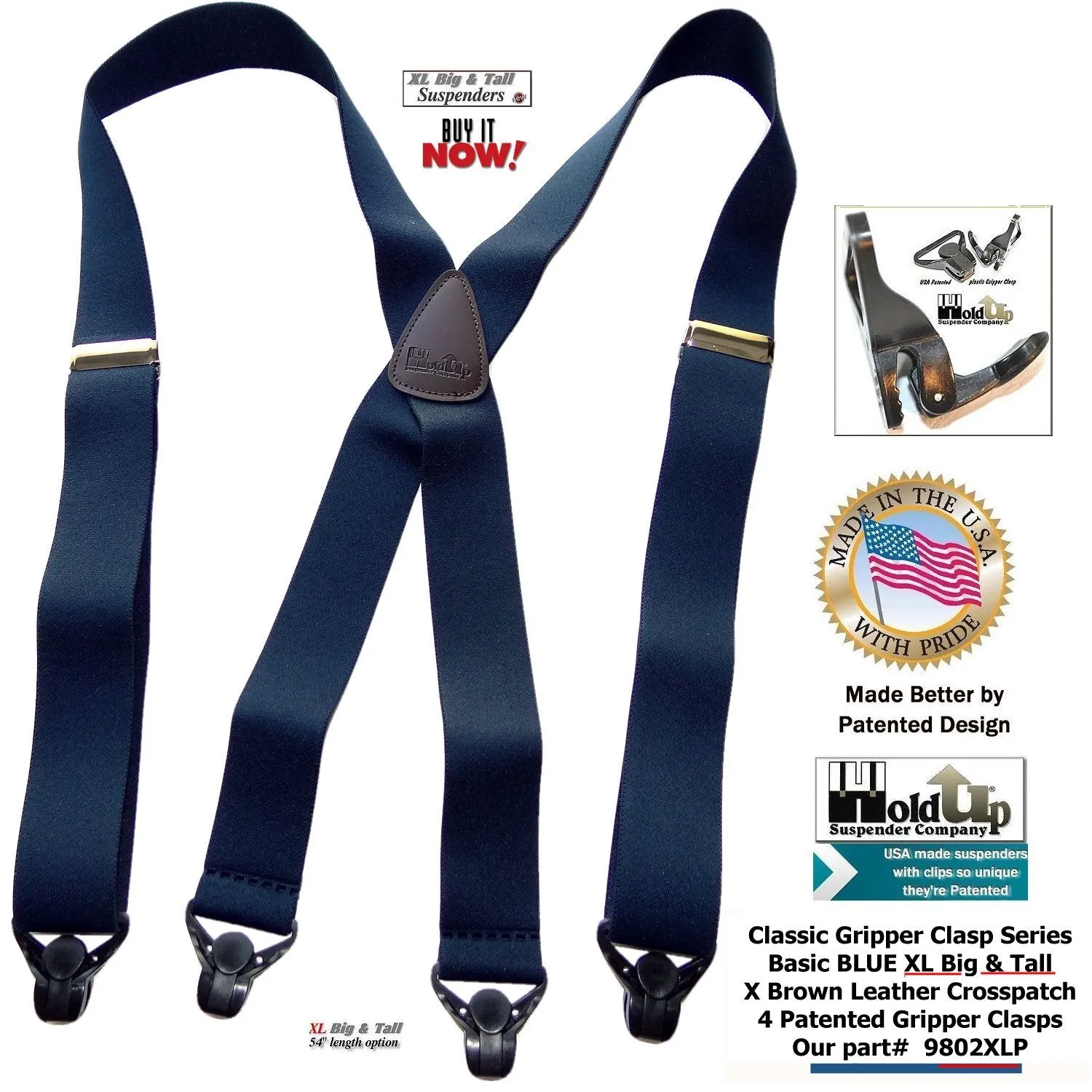 Holdup Brand XL Classic Series Basic Blue X-back Suspenders with Patented black Gripper Clasps