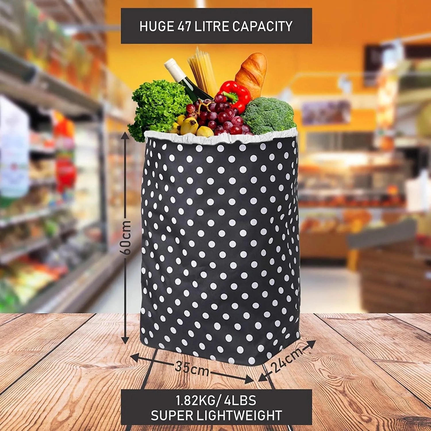 Hoppa 47Ltr Lightweight Shopping Trolley, Hard Wearing & Foldaway for Easy Storage with 1 Years Guarantee (Black Polka Dot)